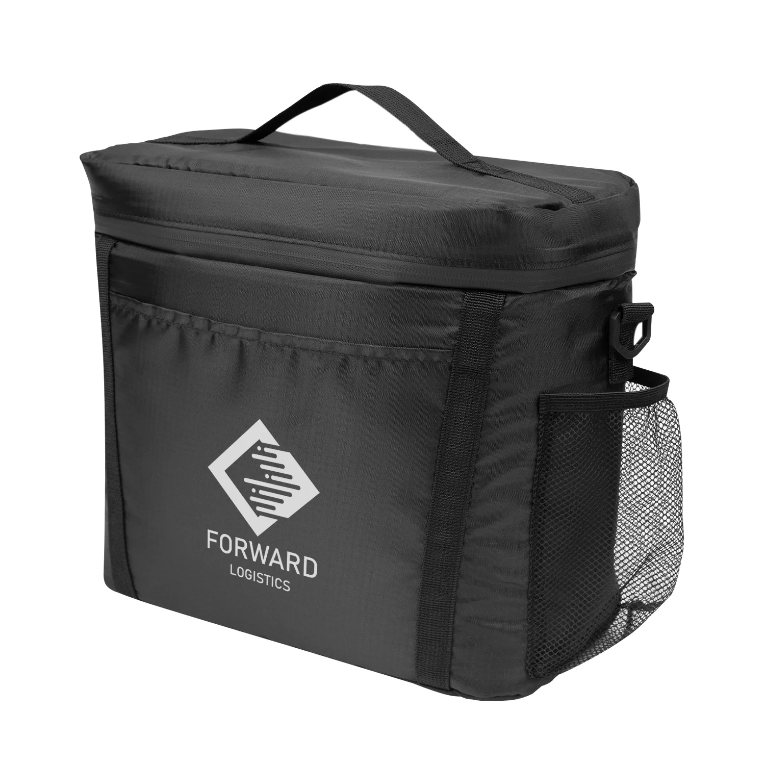Black recycled polyester cooler bag holding up to fifteen cans