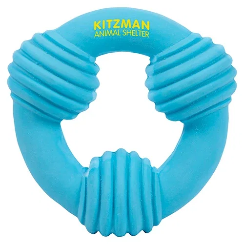 Promotional durable latex dog toy, angled view of custom branded football and ring pet chew toy
