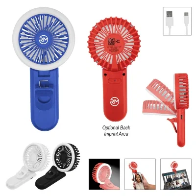 Ring light fan standing upright with the circular lamp facing forward