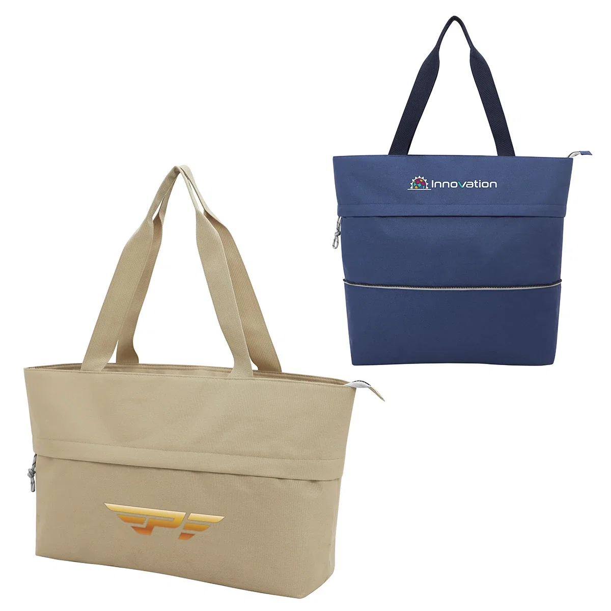 Custom Rio Extendable Polyester Zippered Tote, front view of the branded zippered tote