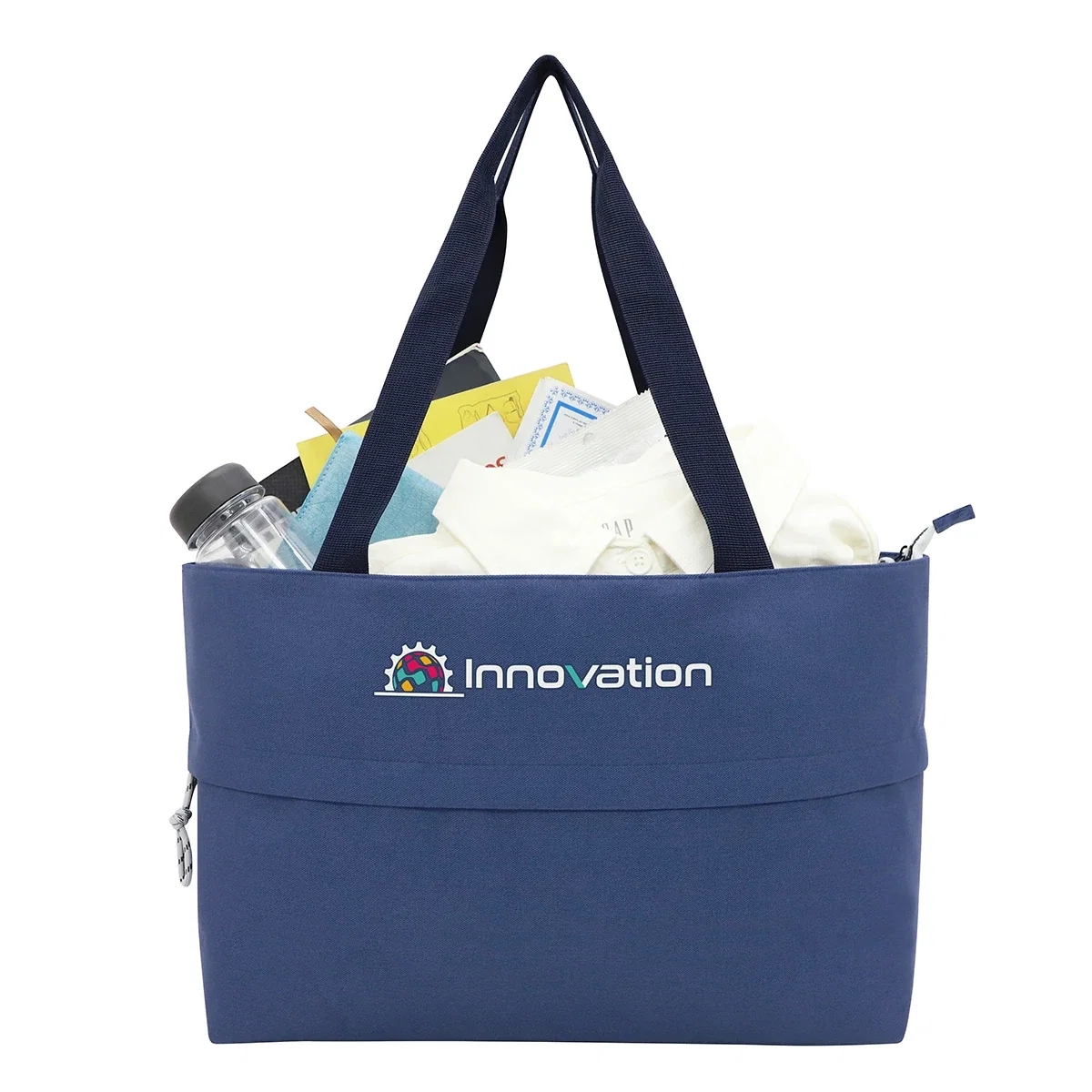 Close-up of the custom Rio Extendable Polyester Zippered Tote's logo imprint area