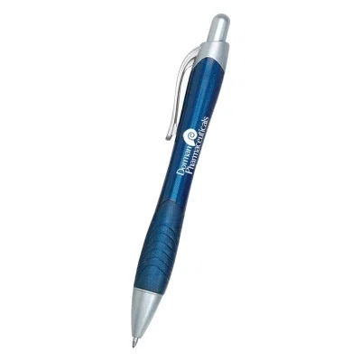 Gel pen with a contoured rubber grip along the barrel