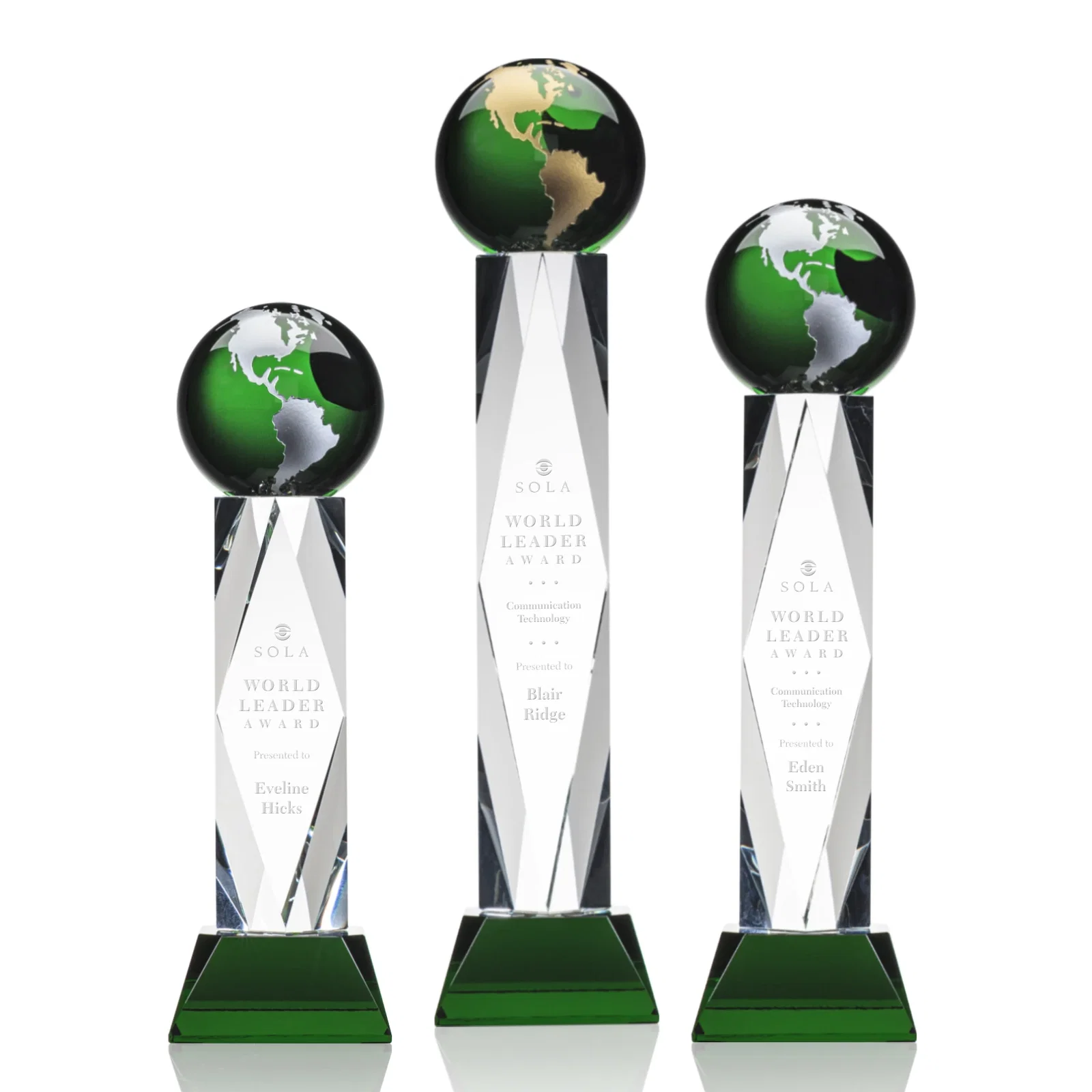Custom Green Optical Crystal Globe Award in a Beveled Diamond Frame for employee recognition