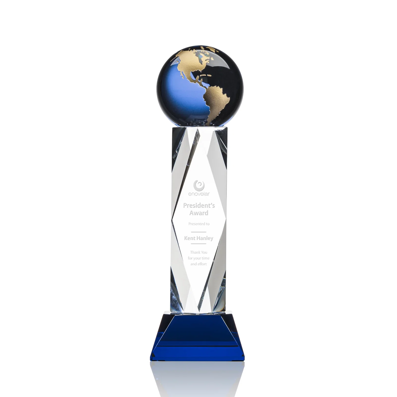 Custom Green Optical Crystal Globe Award in a Beveled Diamond Frame for volunteer appreciation