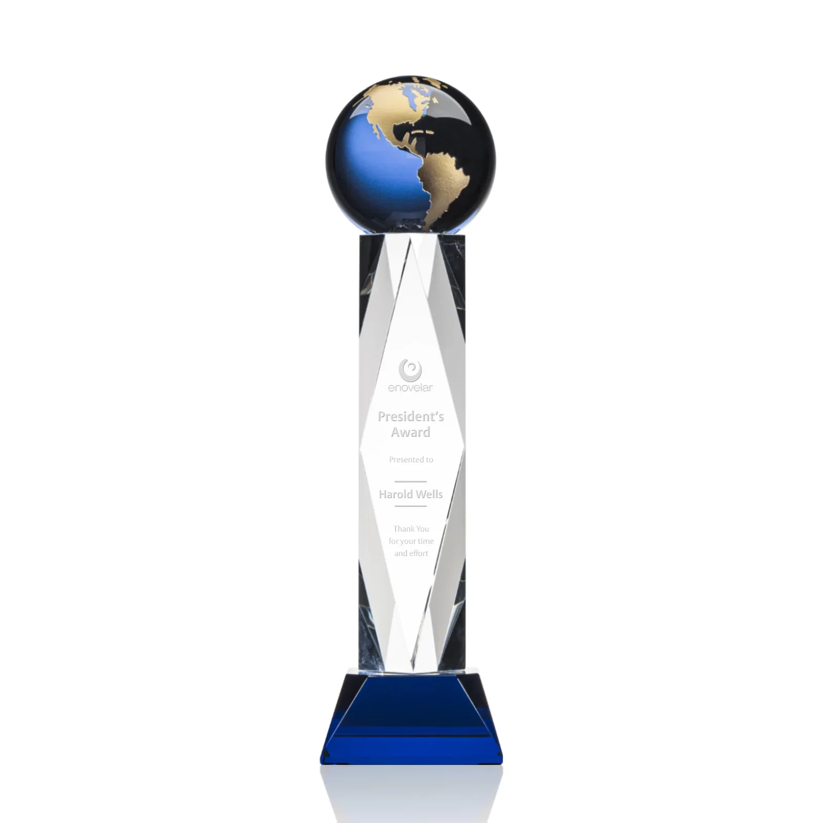 Custom Green Optical Crystal Globe Award in a Beveled Diamond Frame for dealer and partner awards