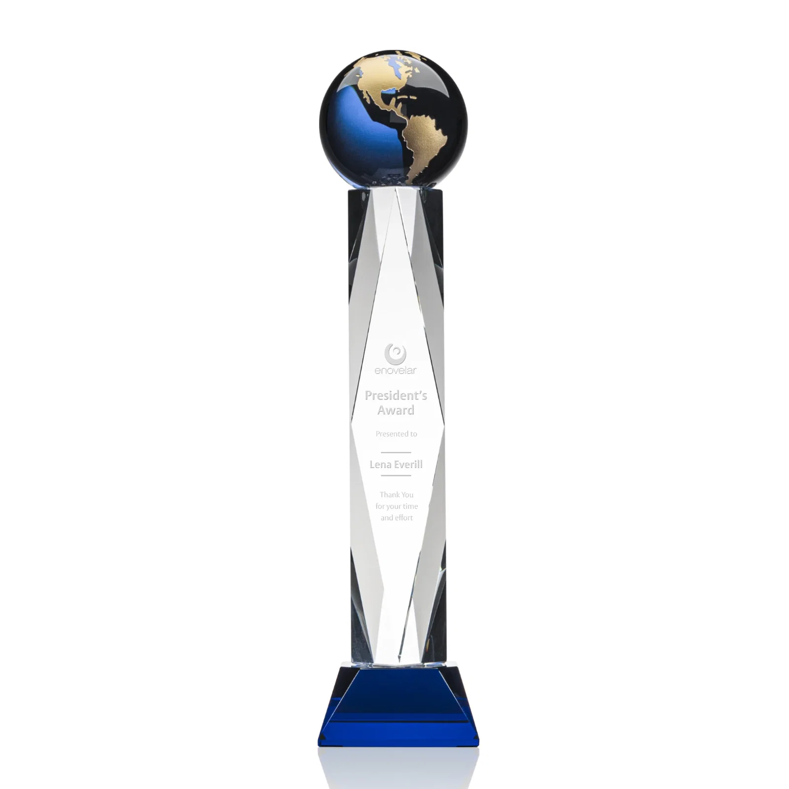 Custom Green Optical Crystal Globe Award in a Beveled Diamond Frame for company anniversary events