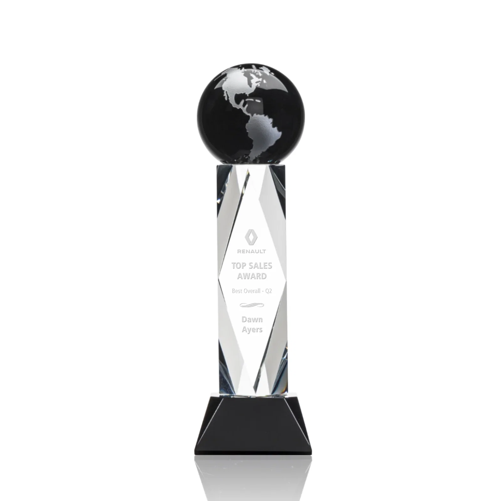 Personalized Green Optical Crystal Globe Award in a Beveled Diamond Frame for employee recognition