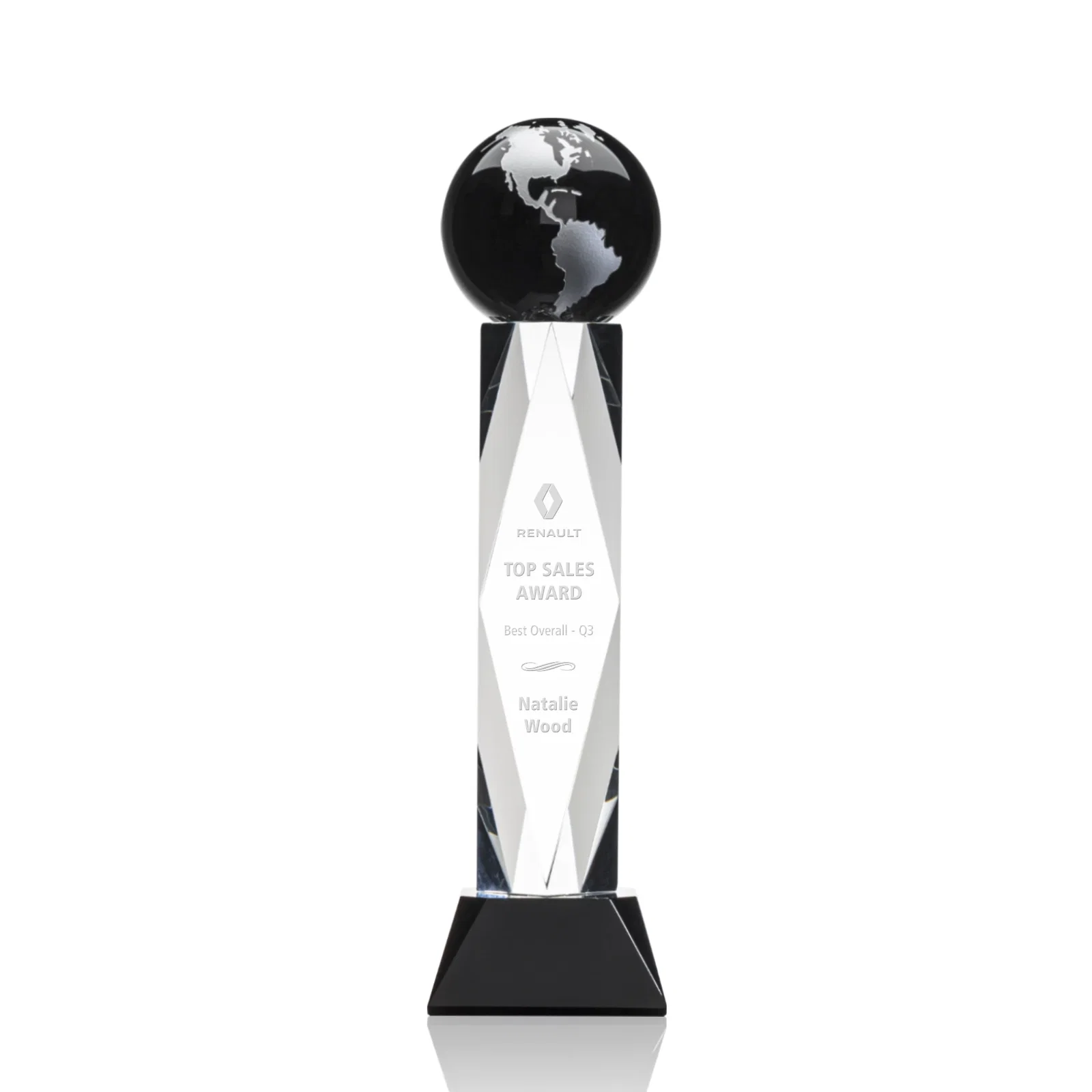 Personalized Green Optical Crystal Globe Award in a Beveled Diamond Frame for corporate award ceremonies