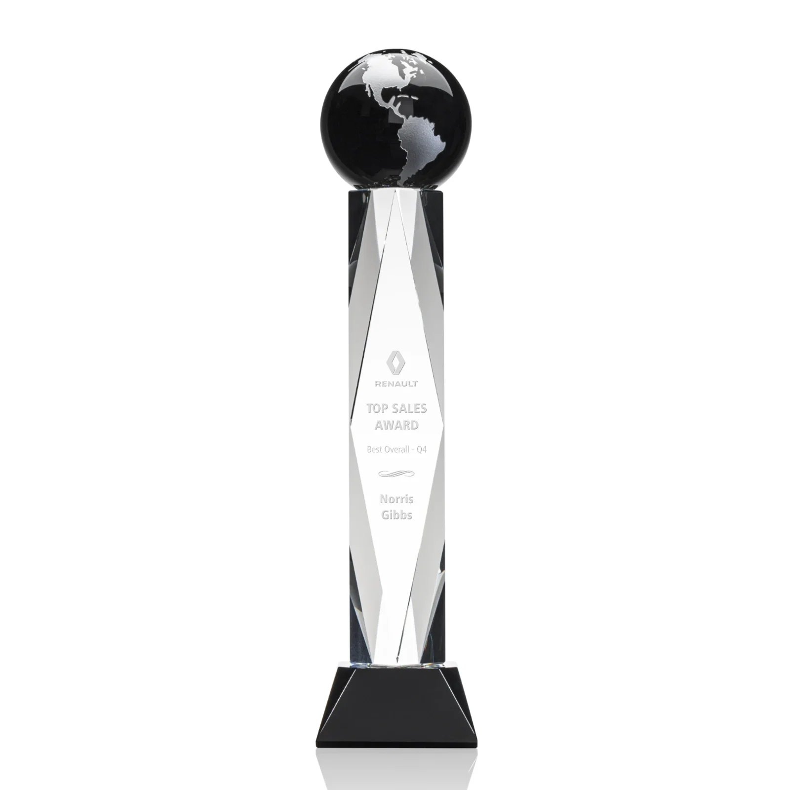 Personalized Green Optical Crystal Globe Award in a Beveled Diamond Frame for service anniversary gifts