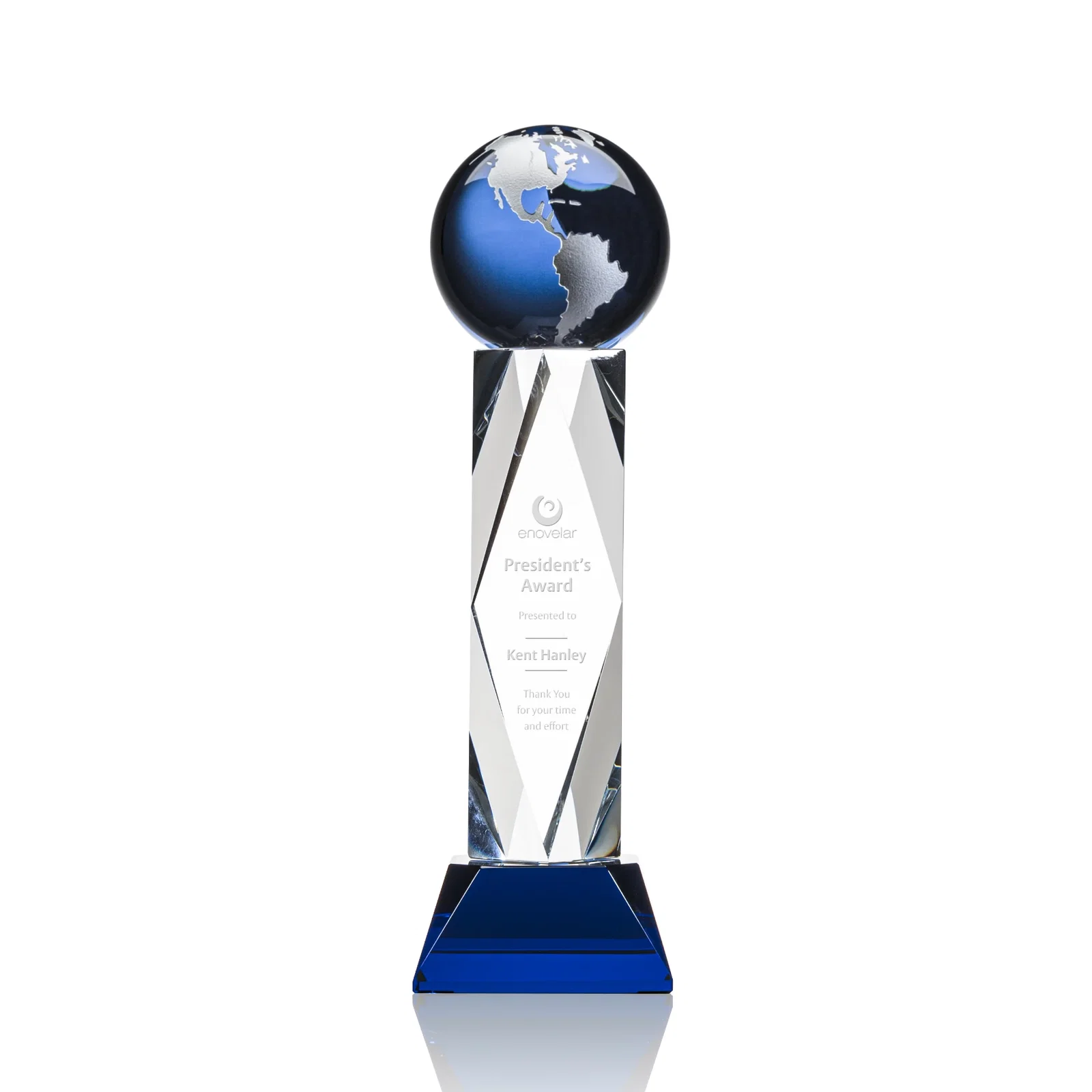 Personalized Green Optical Crystal Globe Award in a Beveled Diamond Frame for sales achievement awards