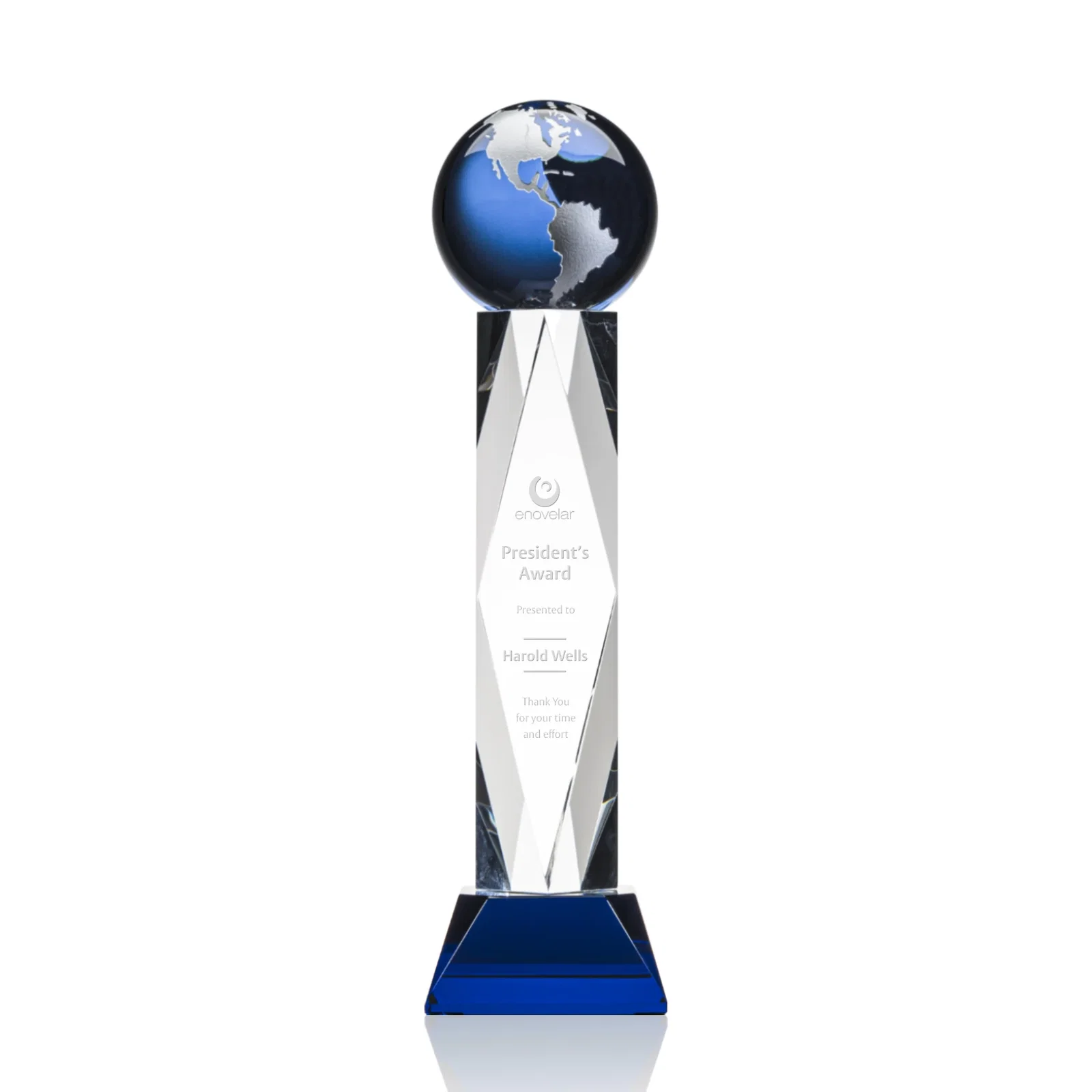 Personalized Green Optical Crystal Globe Award in a Beveled Diamond Frame for retirement presentations