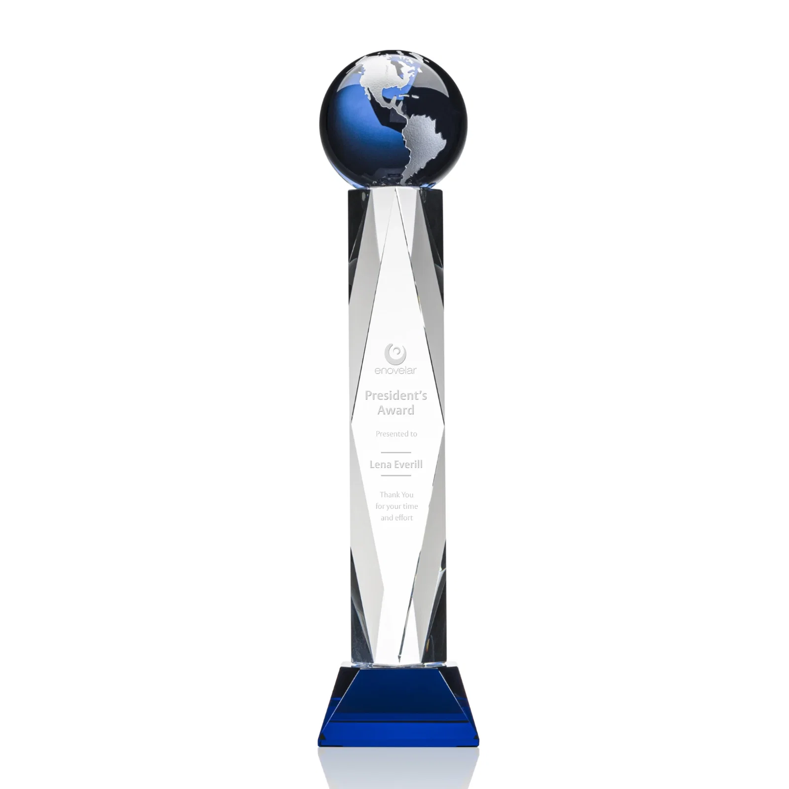 Personalized Green Optical Crystal Globe Award in a Beveled Diamond Frame for team milestone celebrations