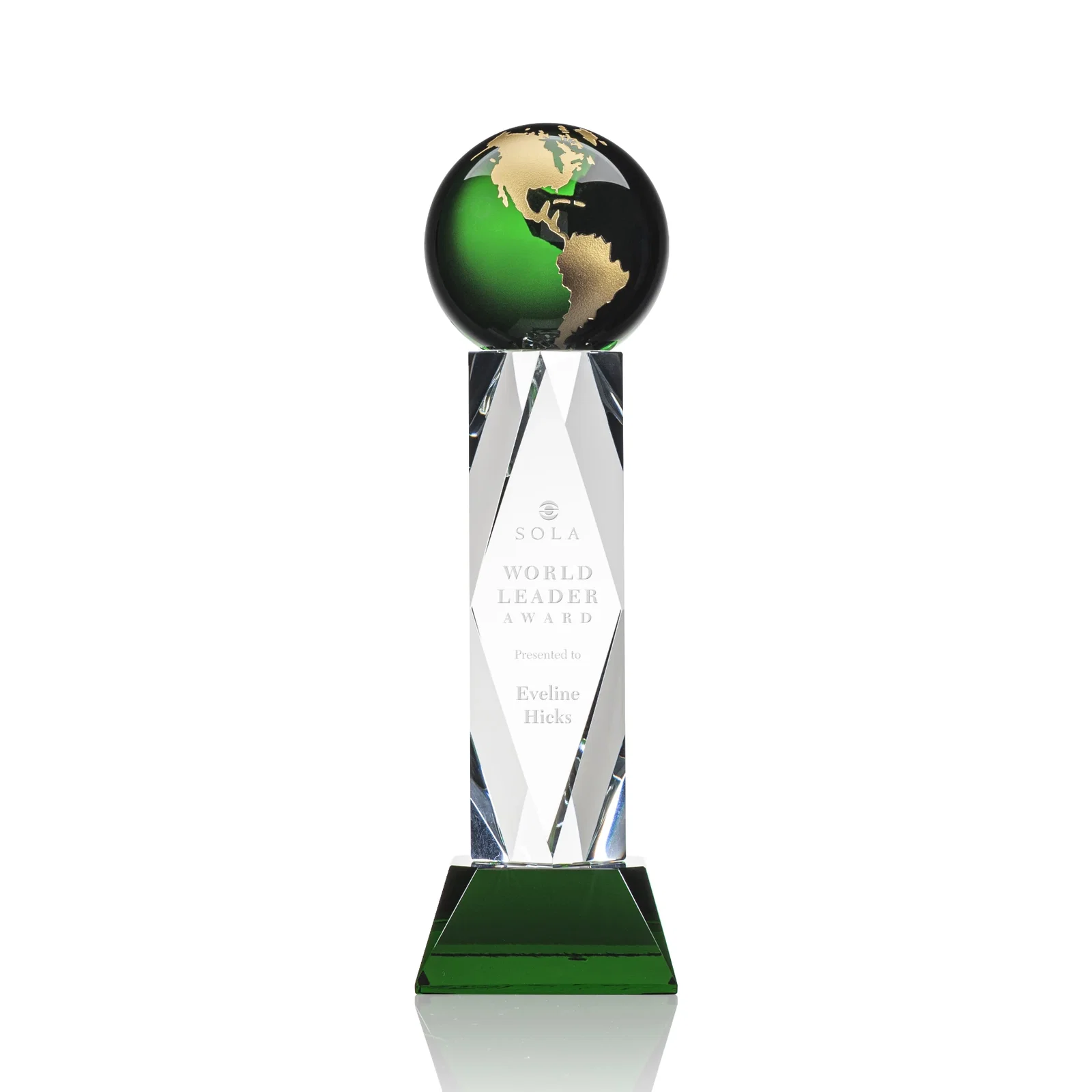Custom Green Optical Crystal Globe Award in a Beveled Diamond Frame for corporate award ceremonies