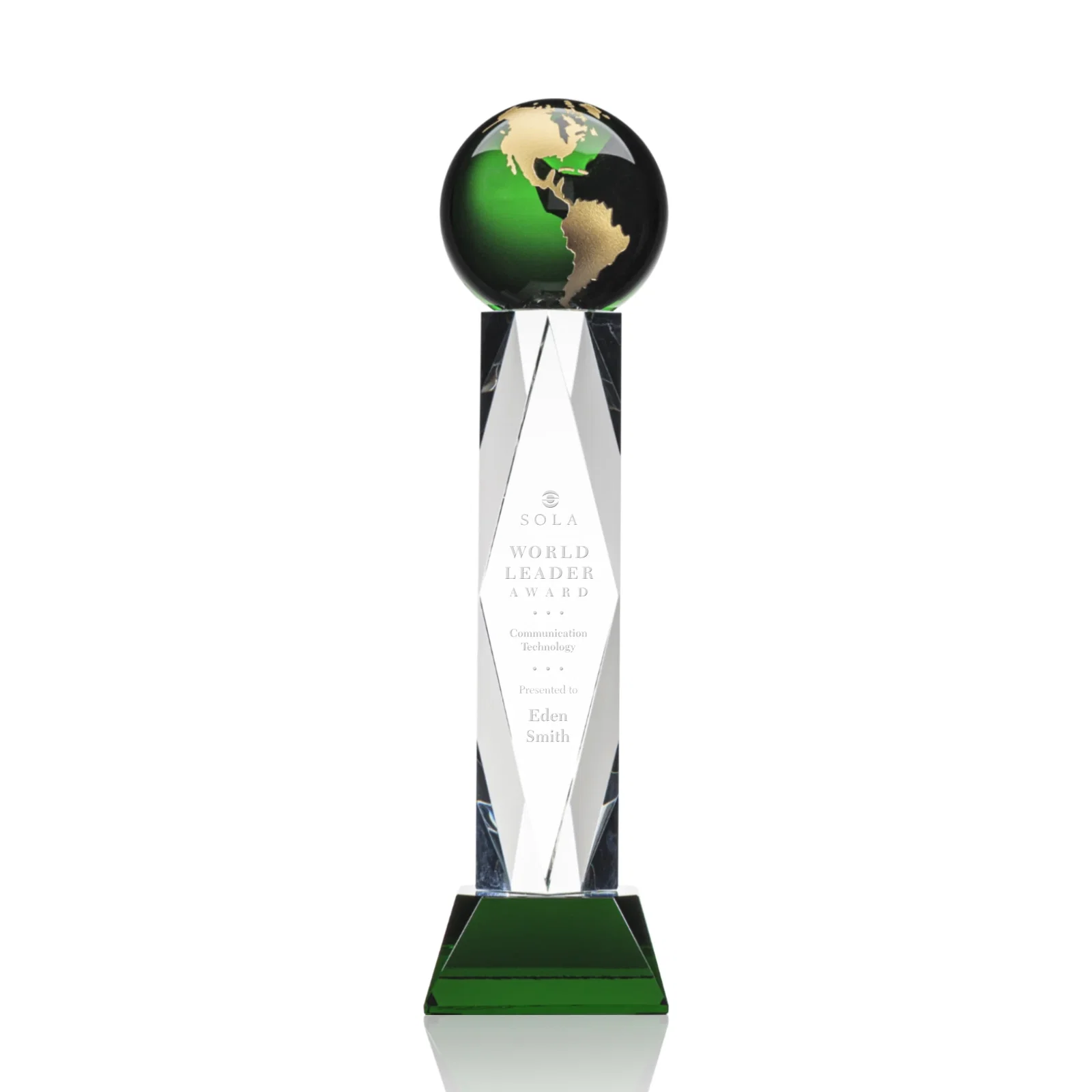 Custom Green Optical Crystal Globe Award in a Beveled Diamond Frame for service anniversary gifts