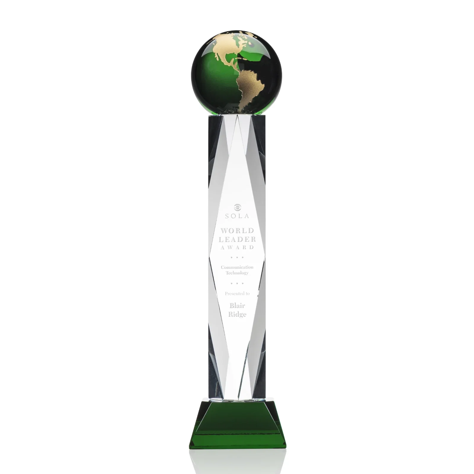 Custom Green Optical Crystal Globe Award in a Beveled Diamond Frame for sales achievement awards