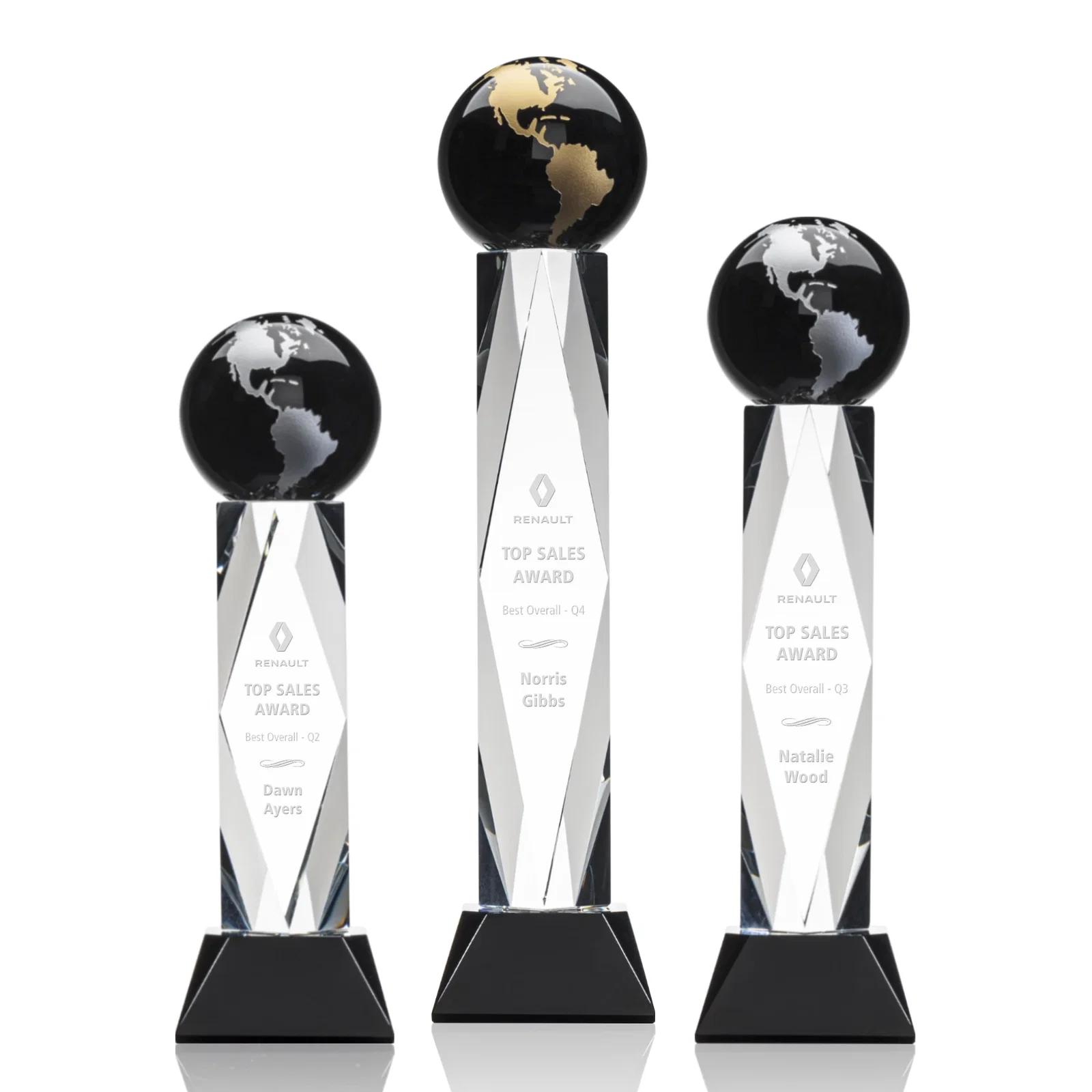 Custom Green Optical Crystal Globe Award in a Beveled Diamond Frame for retirement presentations