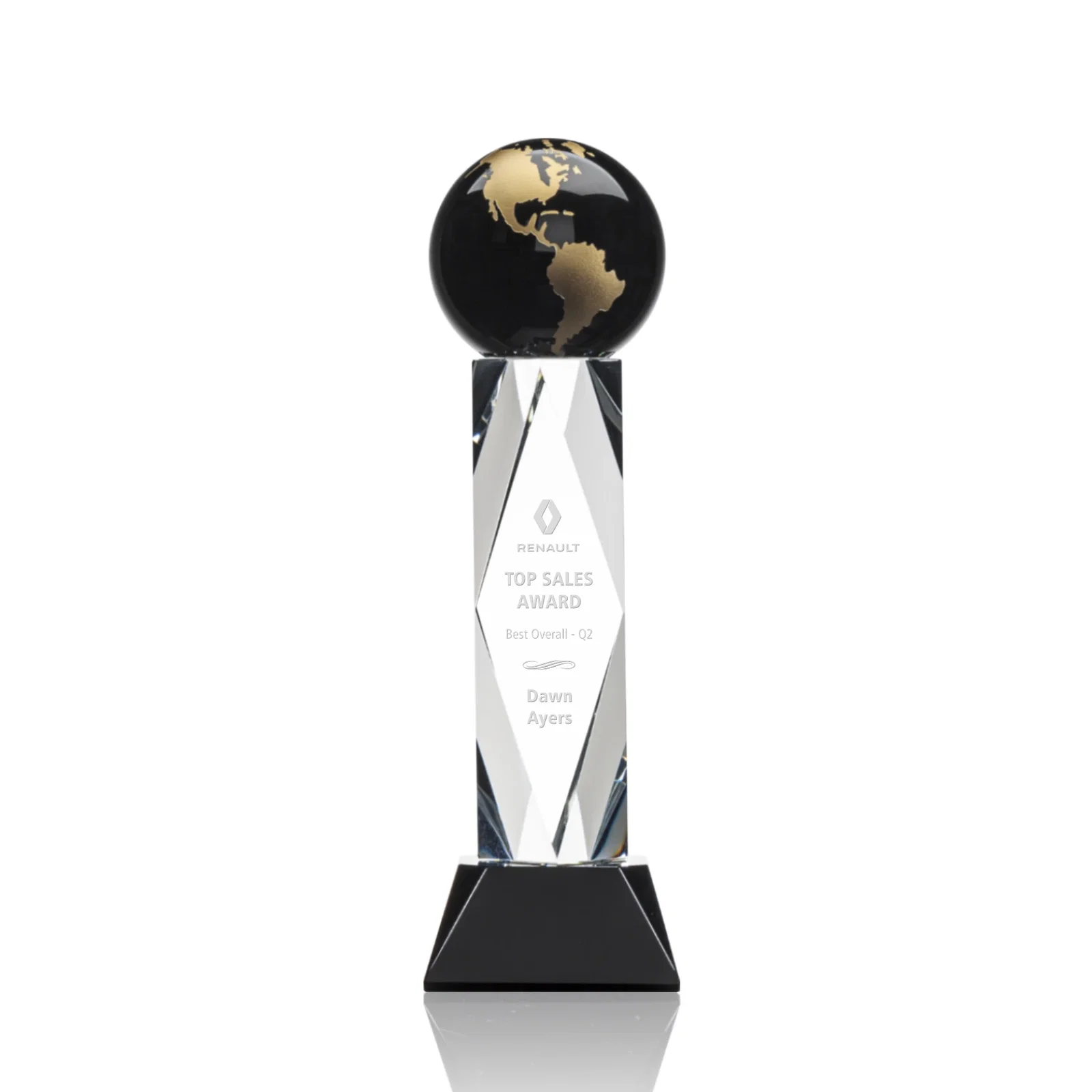 Custom Green Optical Crystal Globe Award in a Beveled Diamond Frame for team milestone celebrations
