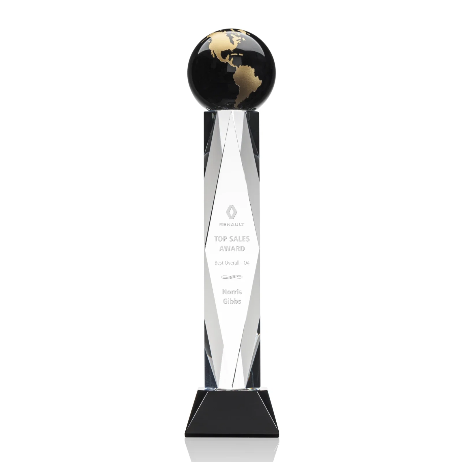 Custom Green Optical Crystal Globe Award in a Beveled Diamond Frame for graduation ceremonies