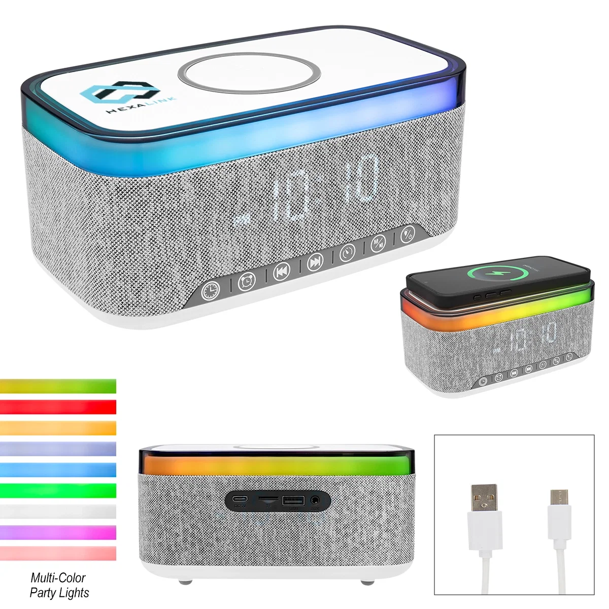 Gray bedside clock that lights up, plays audio and charges a phone