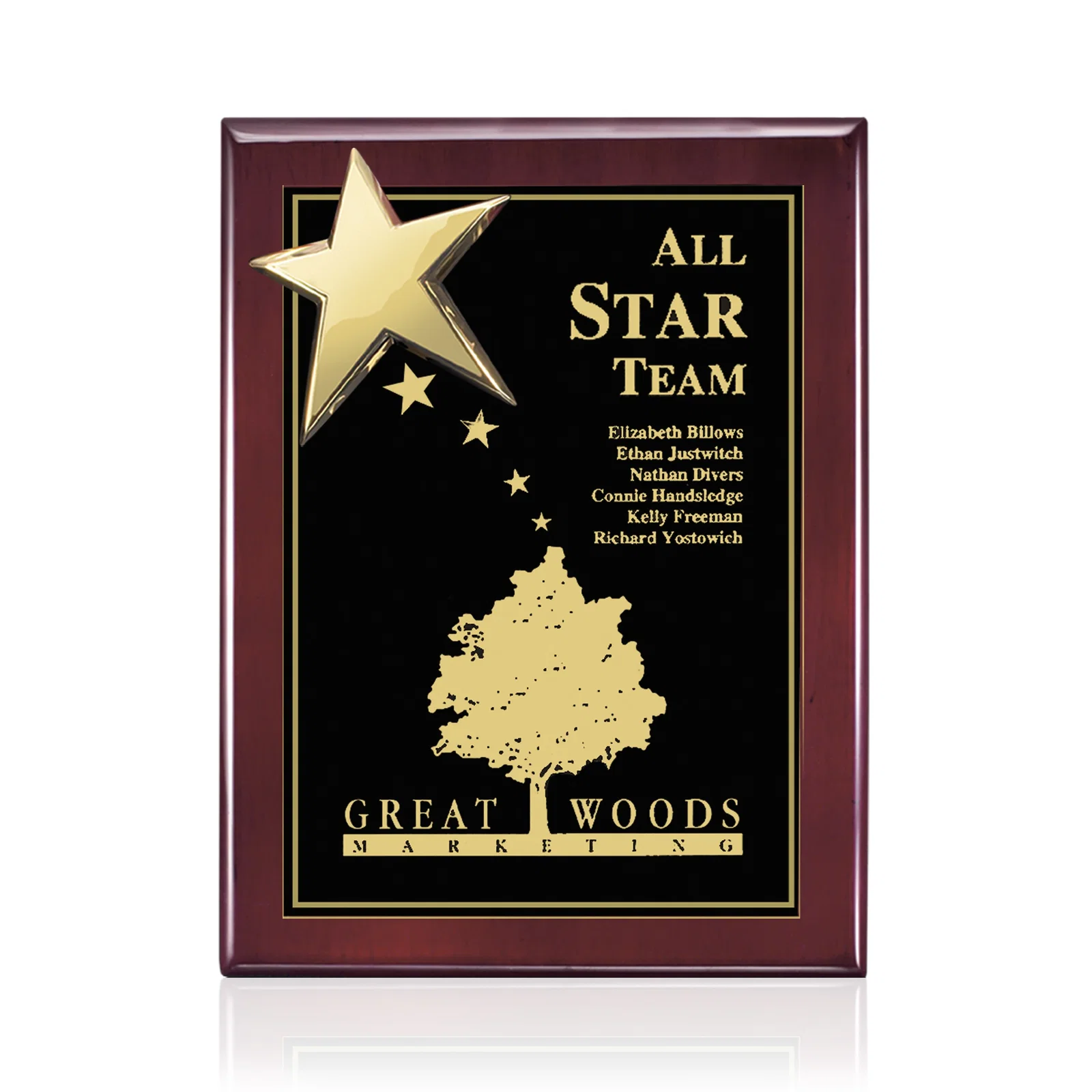 Custom Rosewood Wall Plaque with Raised Cast Star Accent for company anniversary events