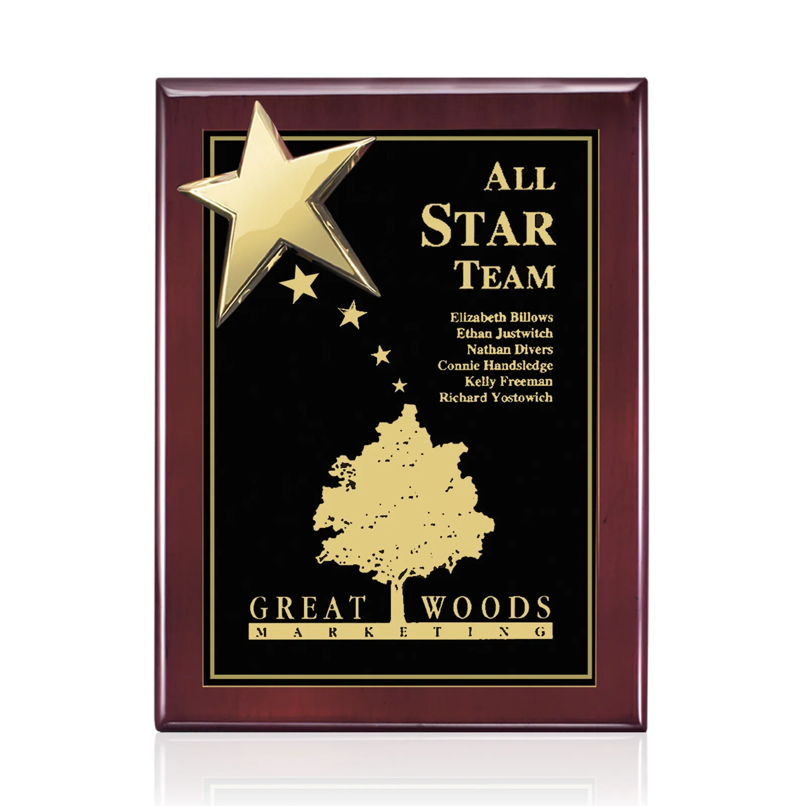 Personalized Rosewood Wall Plaque with Raised Cast Star Accent for employee recognition