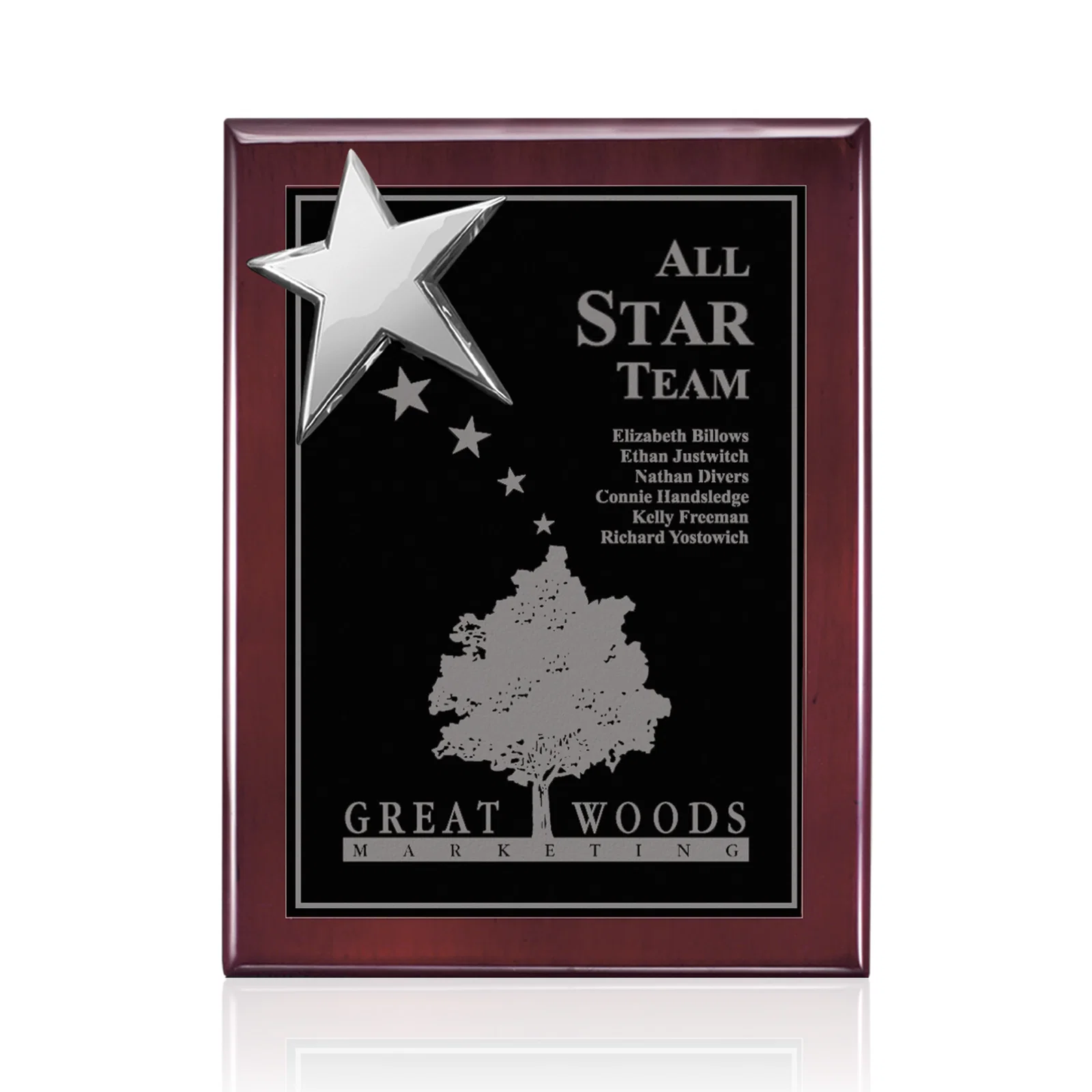Personalized Rosewood Wall Plaque with Raised Cast Star Accent for retirement presentations