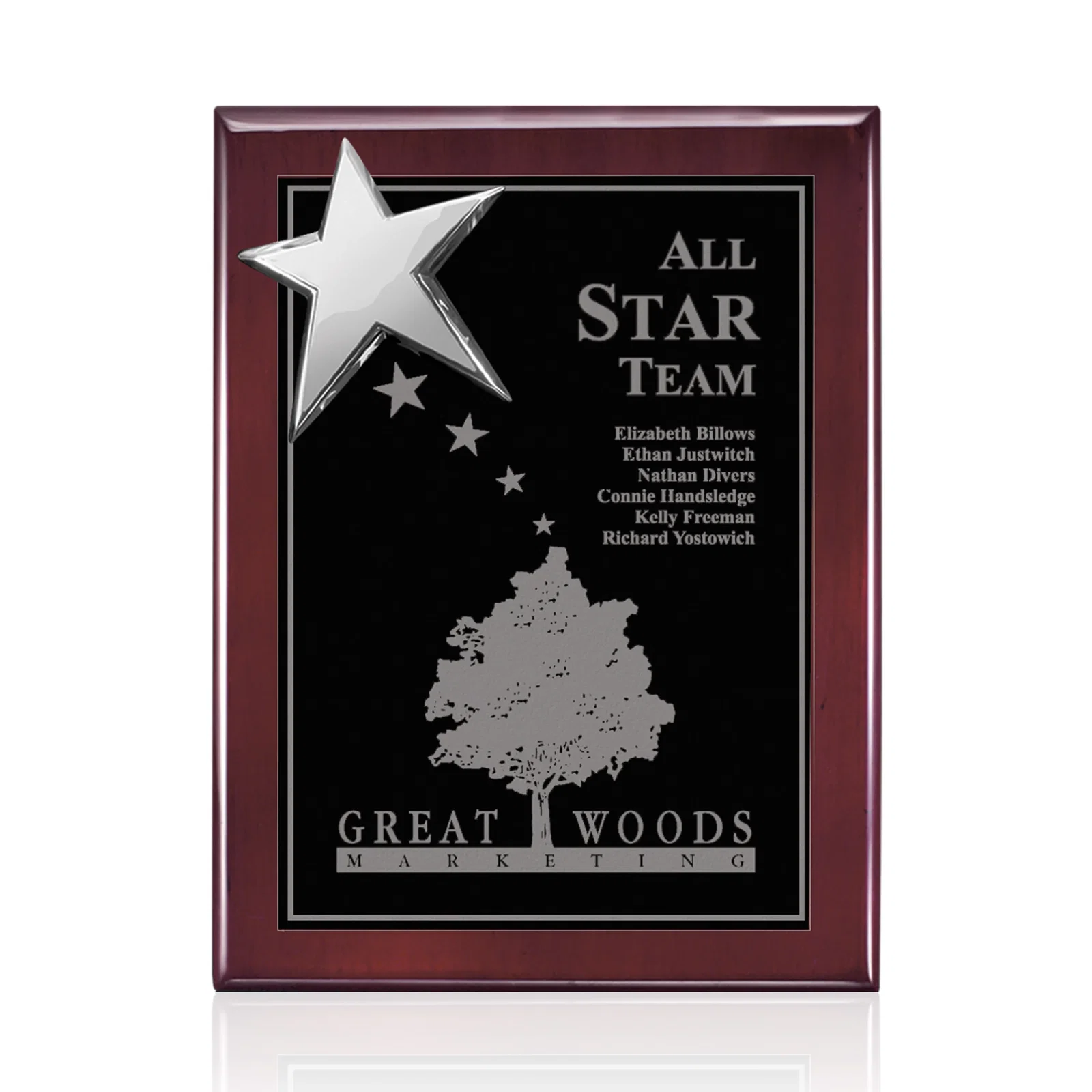 Personalized Rosewood Wall Plaque with Raised Cast Star Accent for team milestone celebrations