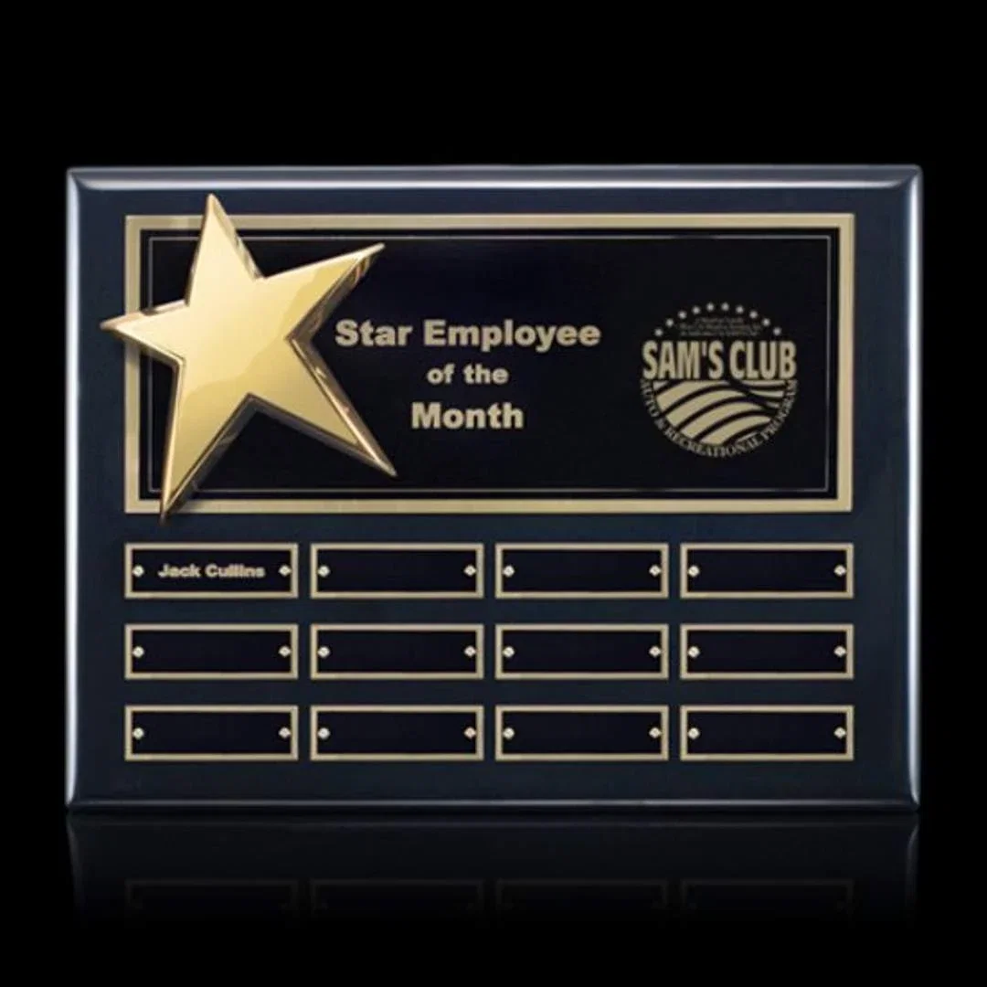 Custom Piano Finish Star Plaque With Twenty Engraving Plates for employee recognition
