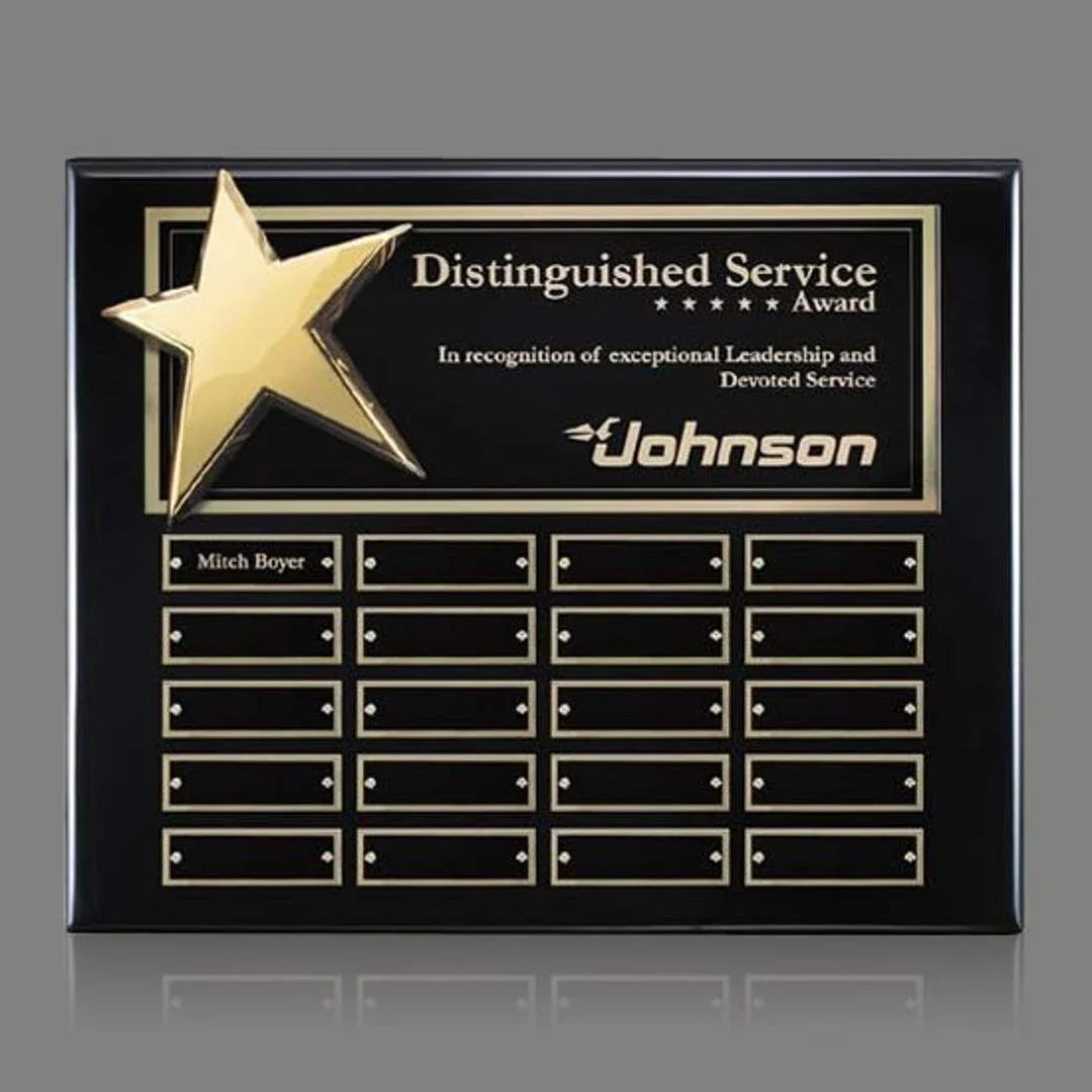 Custom Piano Finish Star Plaque With Twenty Engraving Plates for corporate award ceremonies