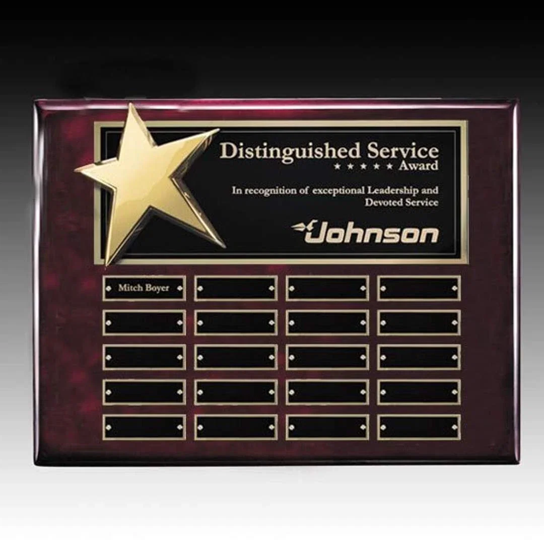 Custom Piano Finish Star Plaque With Twenty Engraving Plates for retirement presentations