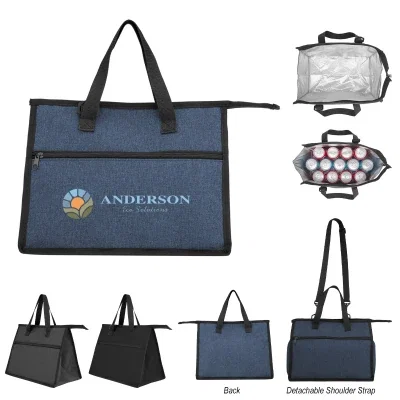 Heathered navy version shown zipped with the handle up