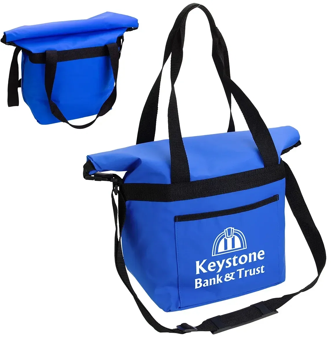 Riverdale Waterproof Roll-Top Cooler Bag, branded cooler bag side view with roll-top seal