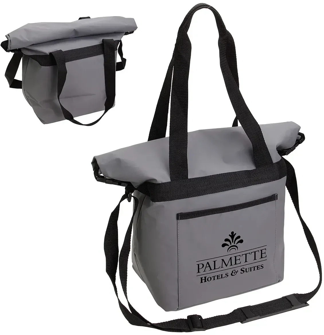 Custom Riverdale roll-top cooler bag front view with logo panel