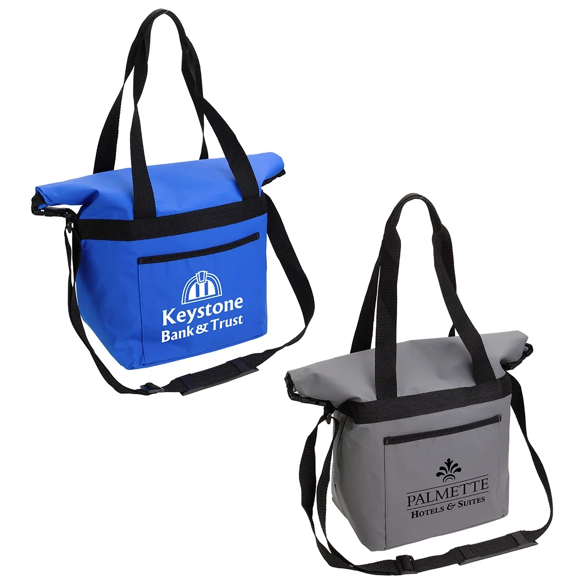 Riverdale branded roll-top cooler bag detail of buckle closure