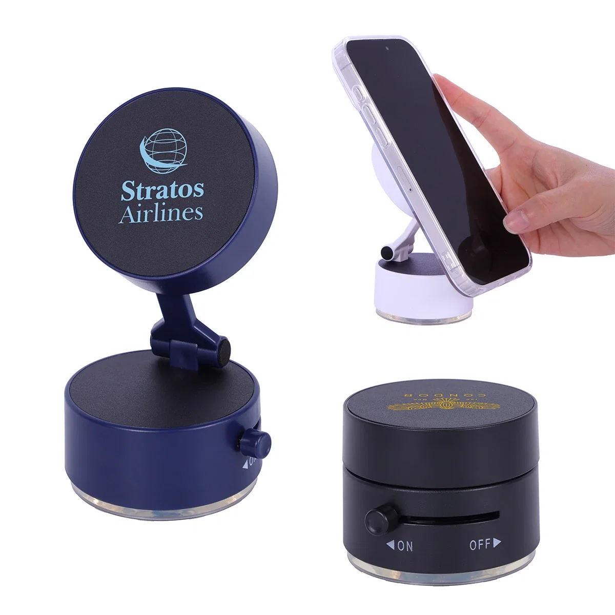 Custom Rivet Portable Magnetic Phone Mount With Suction Cup Base, front view of the branded mount
