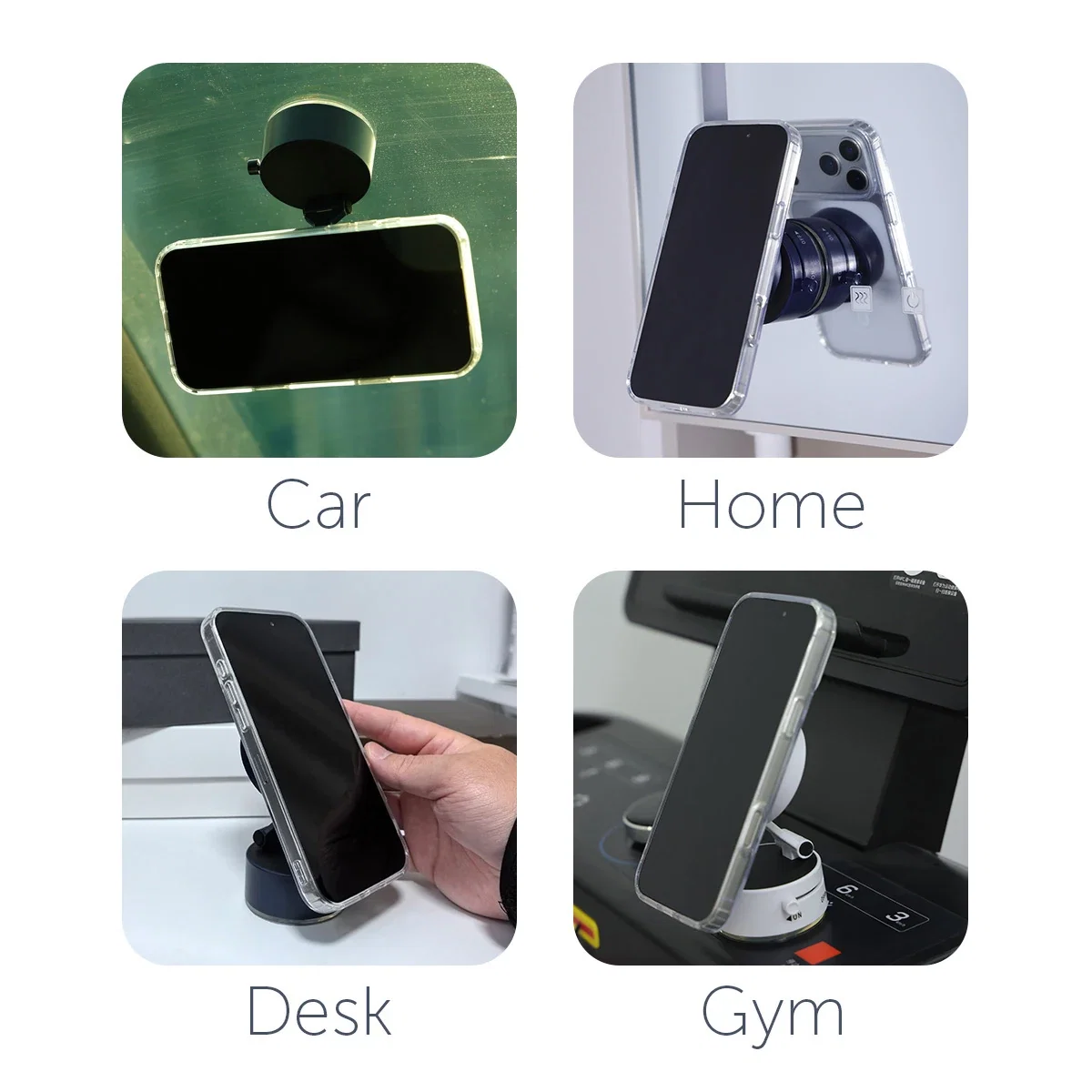 Rivet Magnetic Phone Mount in use, suction cup base attached to a car dashboard