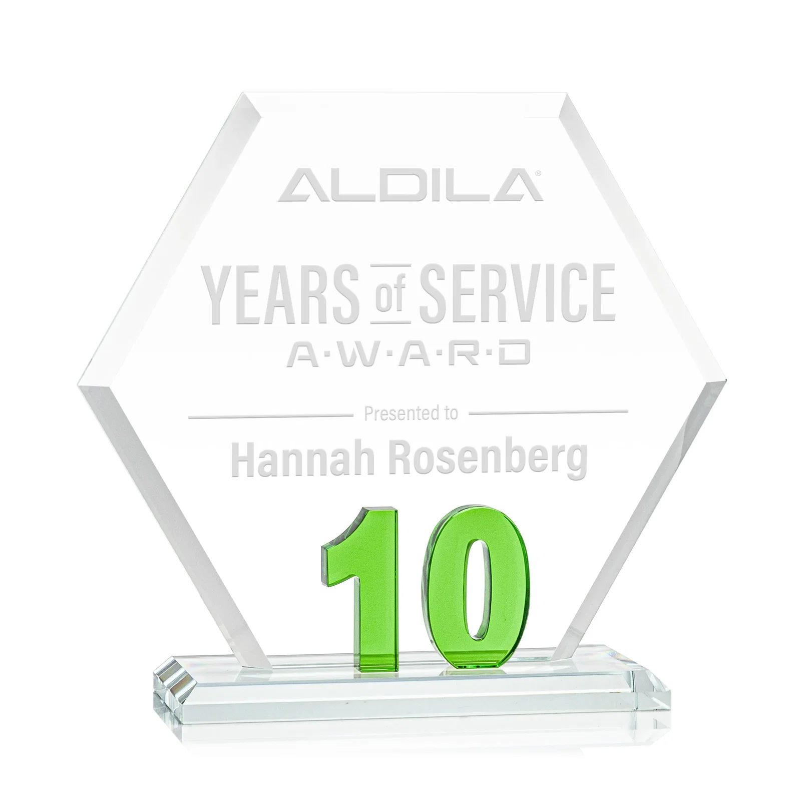 Custom Starfire Crystal Hexagon 10-Year Anniversary Award, awards for company anniversary events