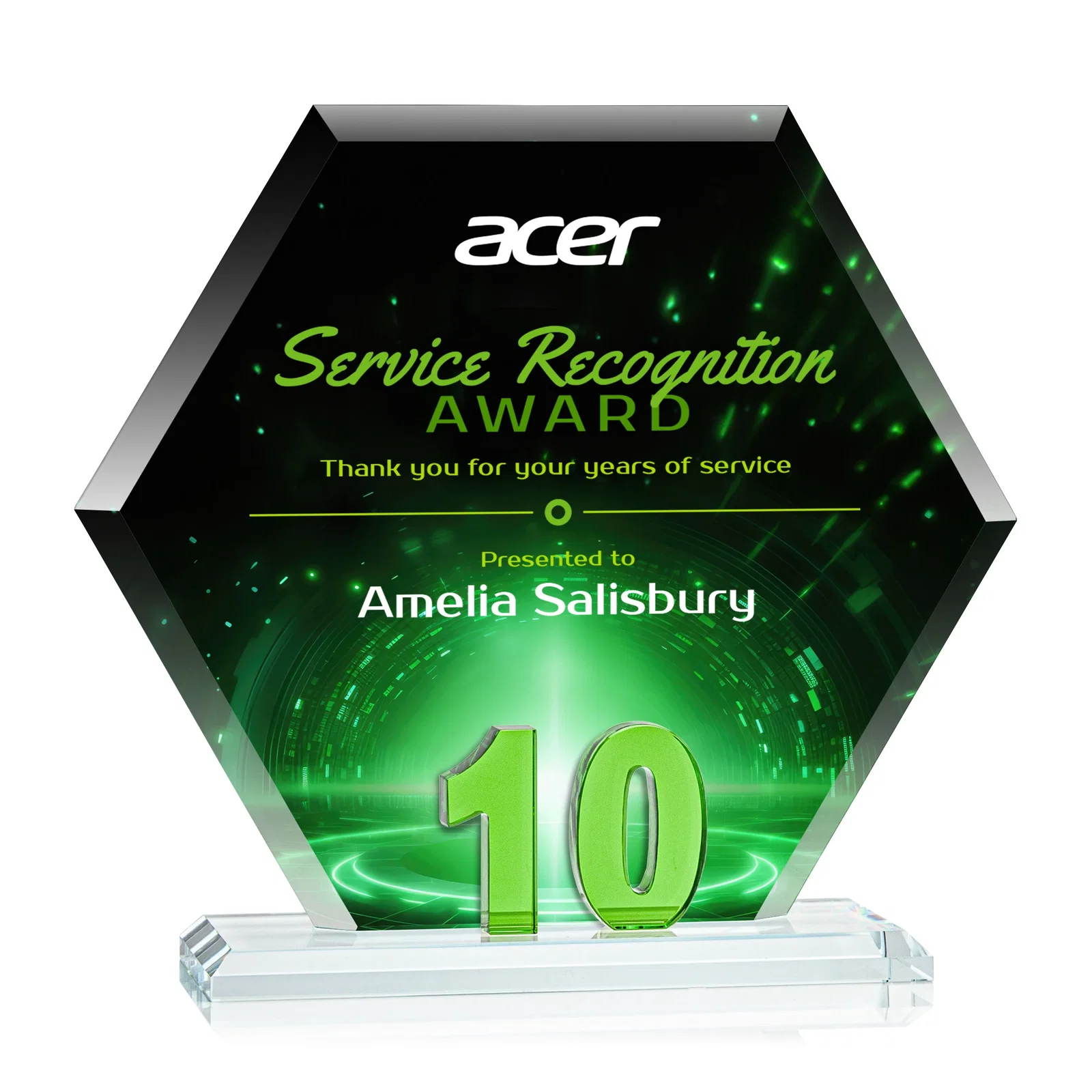 Personalized Starfire Crystal Hexagon 10-Year Anniversary Award, awards for team milestone celebrations