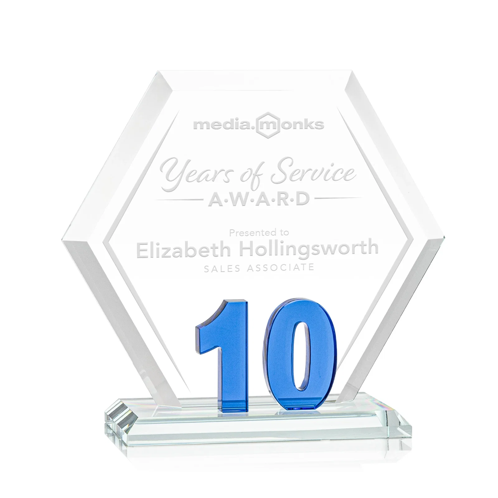 Custom Starfire Crystal Hexagon 10-Year Anniversary Award, awards for corporate award ceremonies