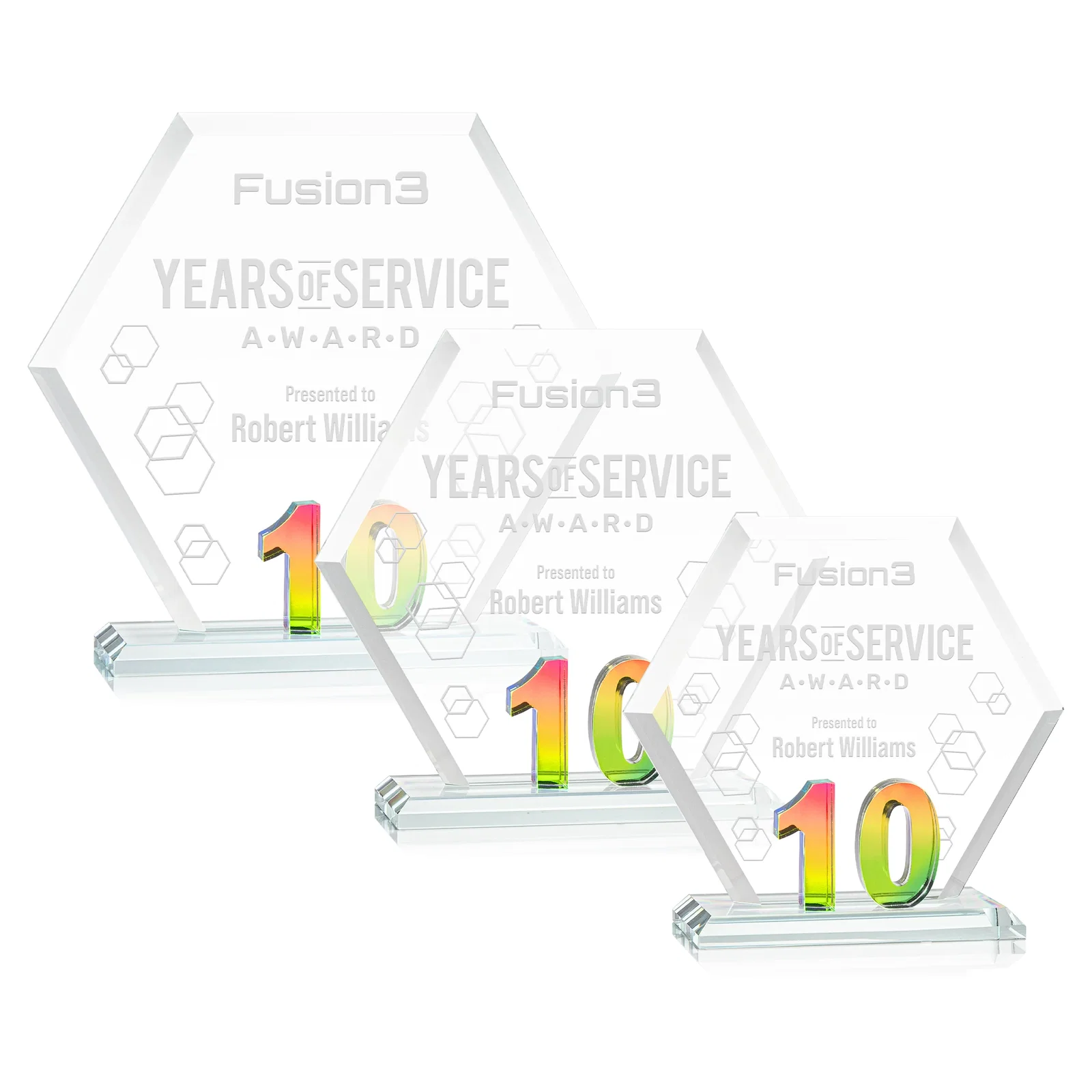 Personalized Starfire Crystal Hexagon 10-Year Anniversary Award, awards for donor appreciation