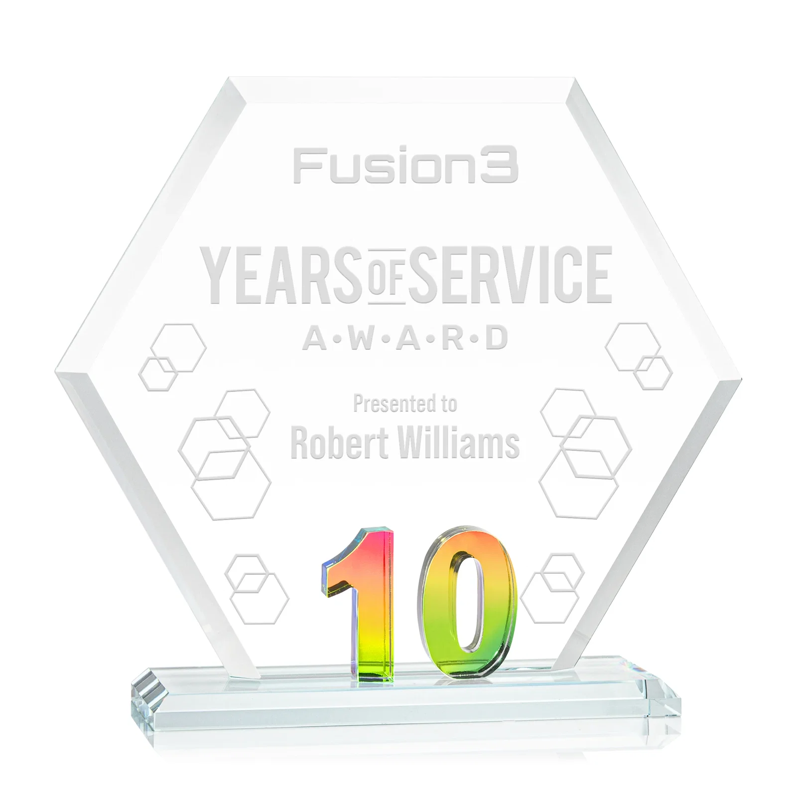 Personalized Starfire Crystal Hexagon 10-Year Anniversary Award, awards for volunteer appreciation