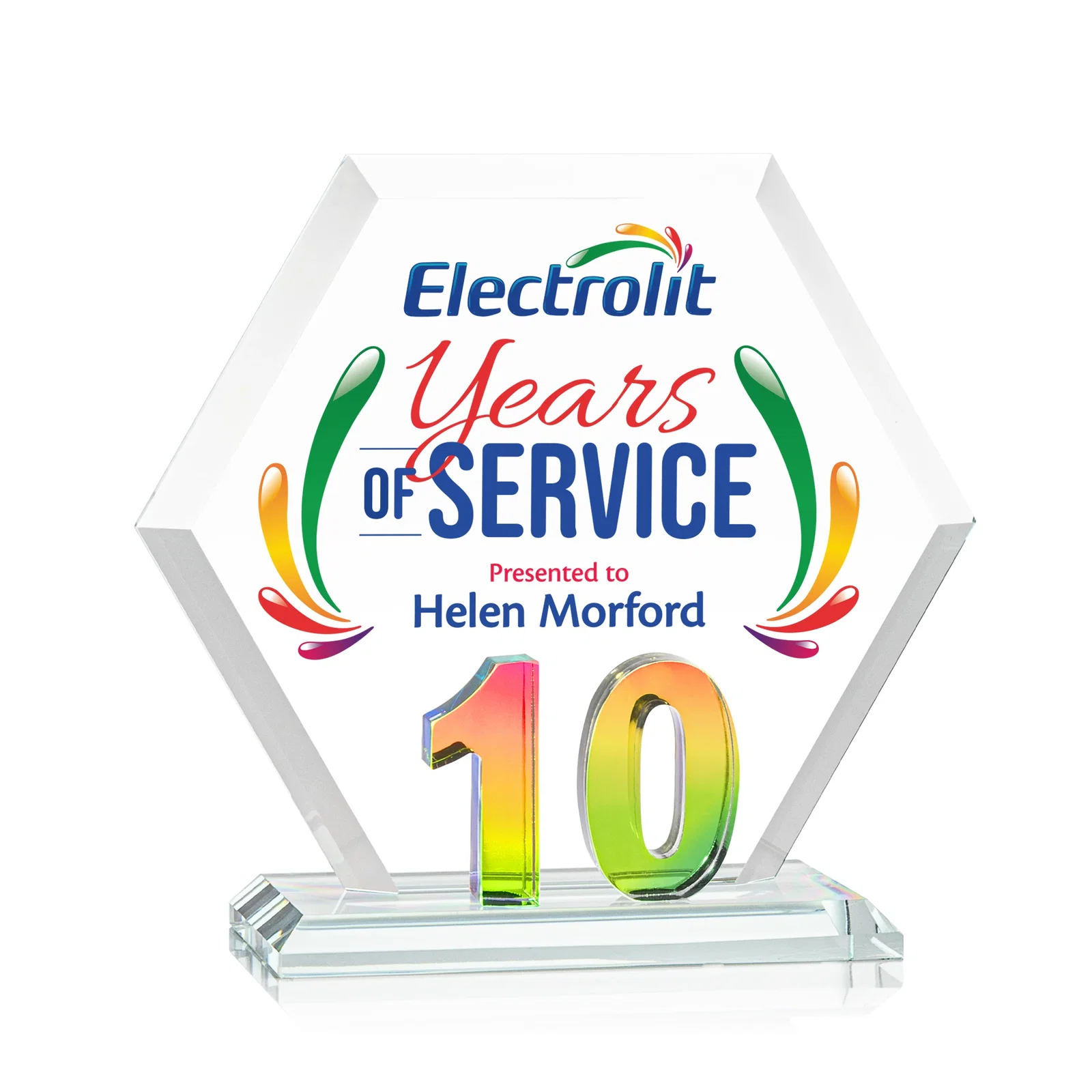 Personalized Starfire Crystal Hexagon 10-Year Anniversary Award, awards for company anniversary events
