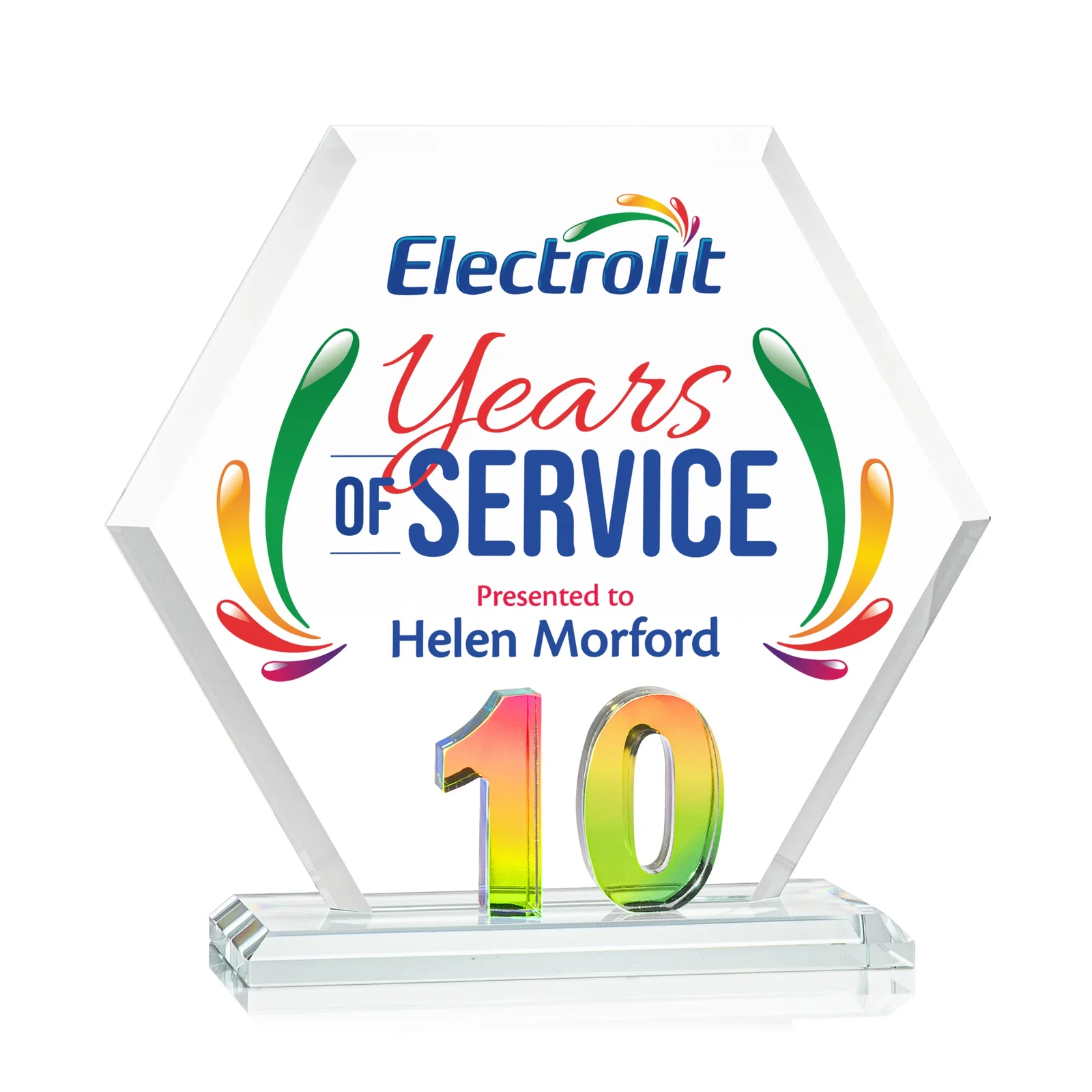 Promotional Starfire Crystal Hexagon 10-Year Anniversary Award, awards for employee recognition