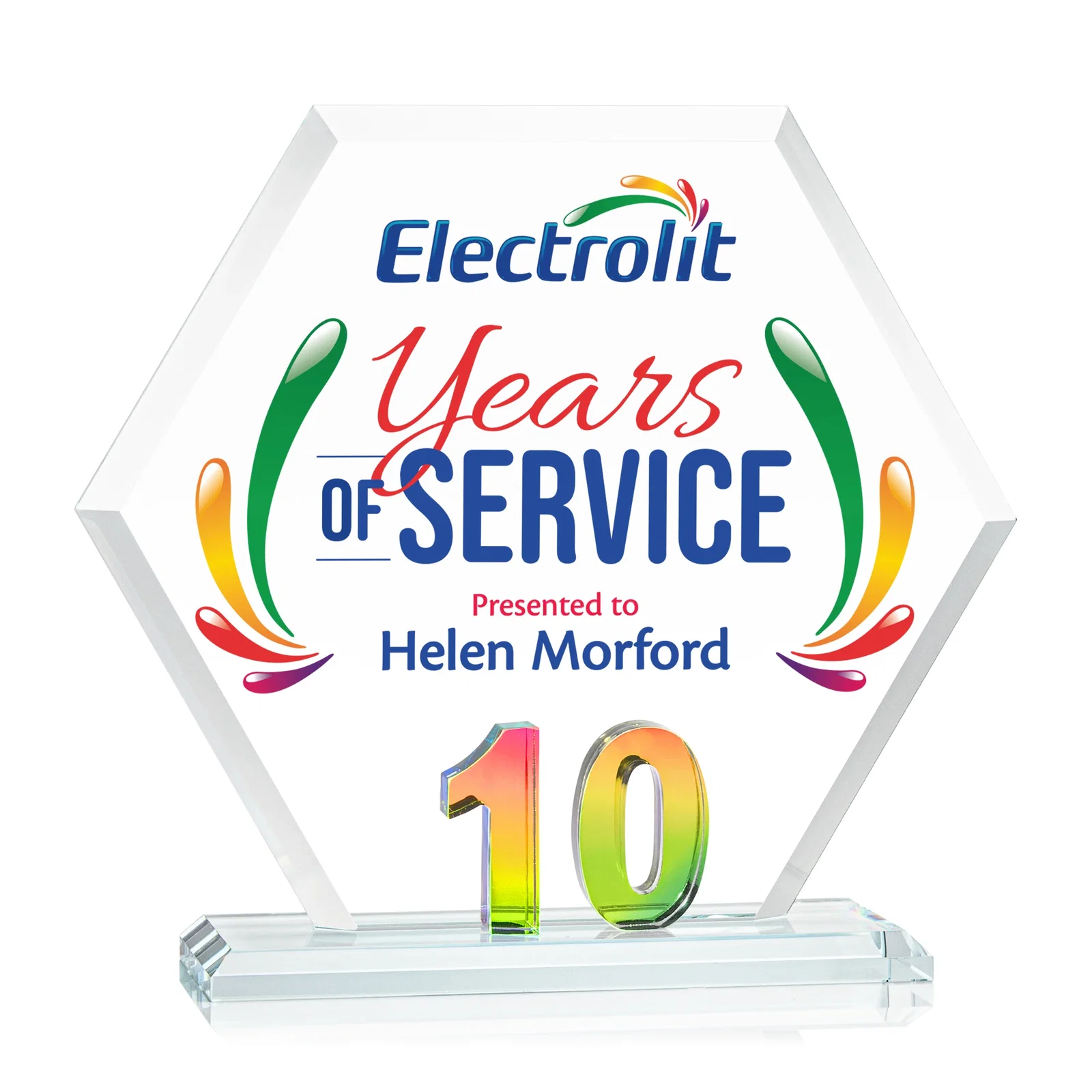 Promotional Starfire Crystal Hexagon 10-Year Anniversary Award, awards for corporate award ceremonies