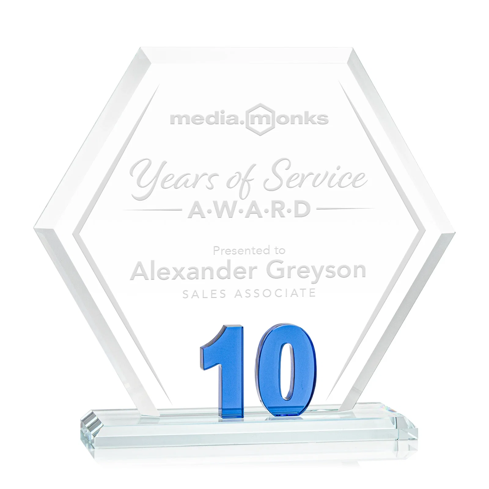 Custom Starfire Crystal Hexagon 10-Year Anniversary Award, awards for sales achievement awards