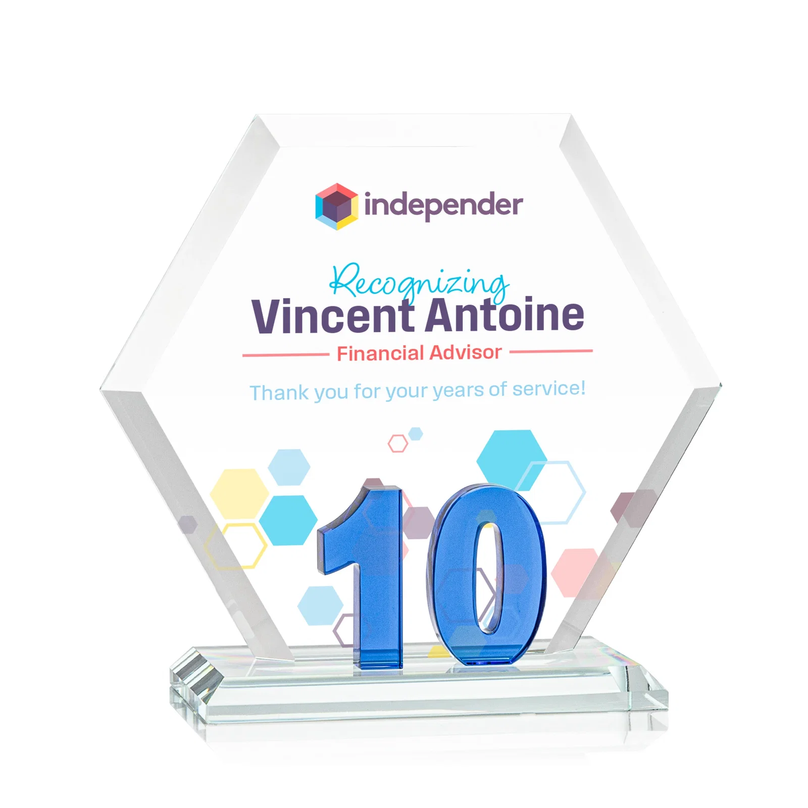 Custom Starfire Crystal Hexagon 10-Year Anniversary Award, awards for donor appreciation