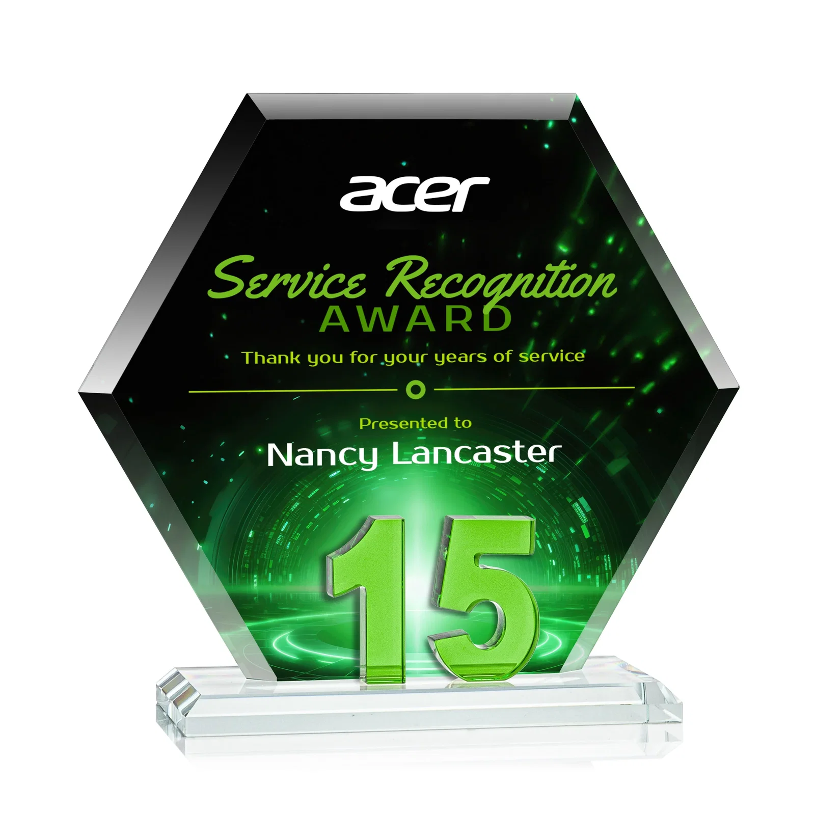 Personalized Starfire Crystal Hexagon 15-Year Anniversary Award, awards for sales achievement awards