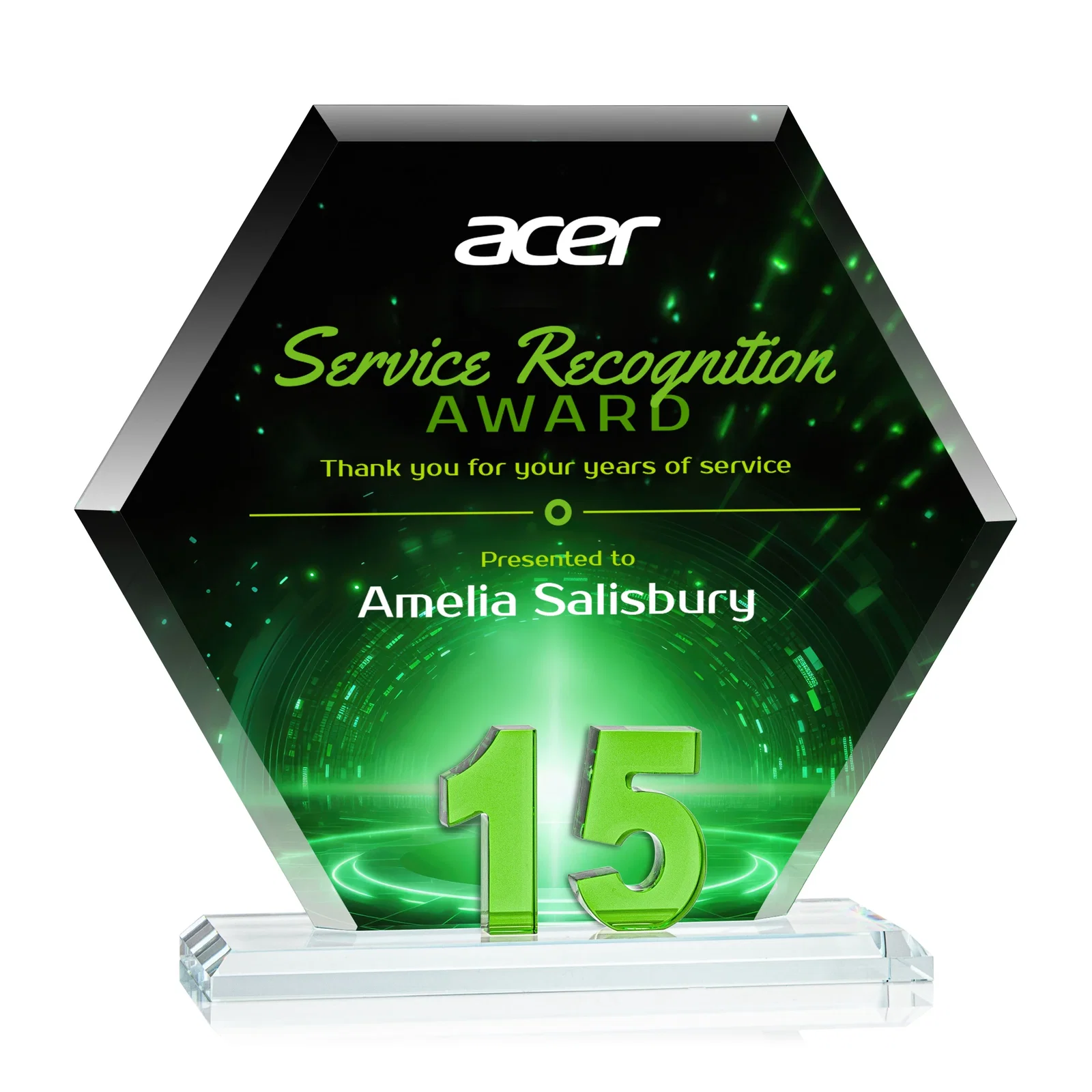 Personalized Starfire Crystal Hexagon 15-Year Anniversary Award, awards for retirement presentations