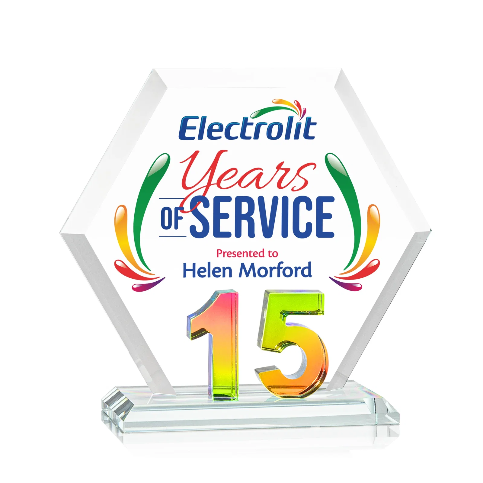 Personalized Starfire Crystal Hexagon 15-Year Anniversary Award, awards for company anniversary events