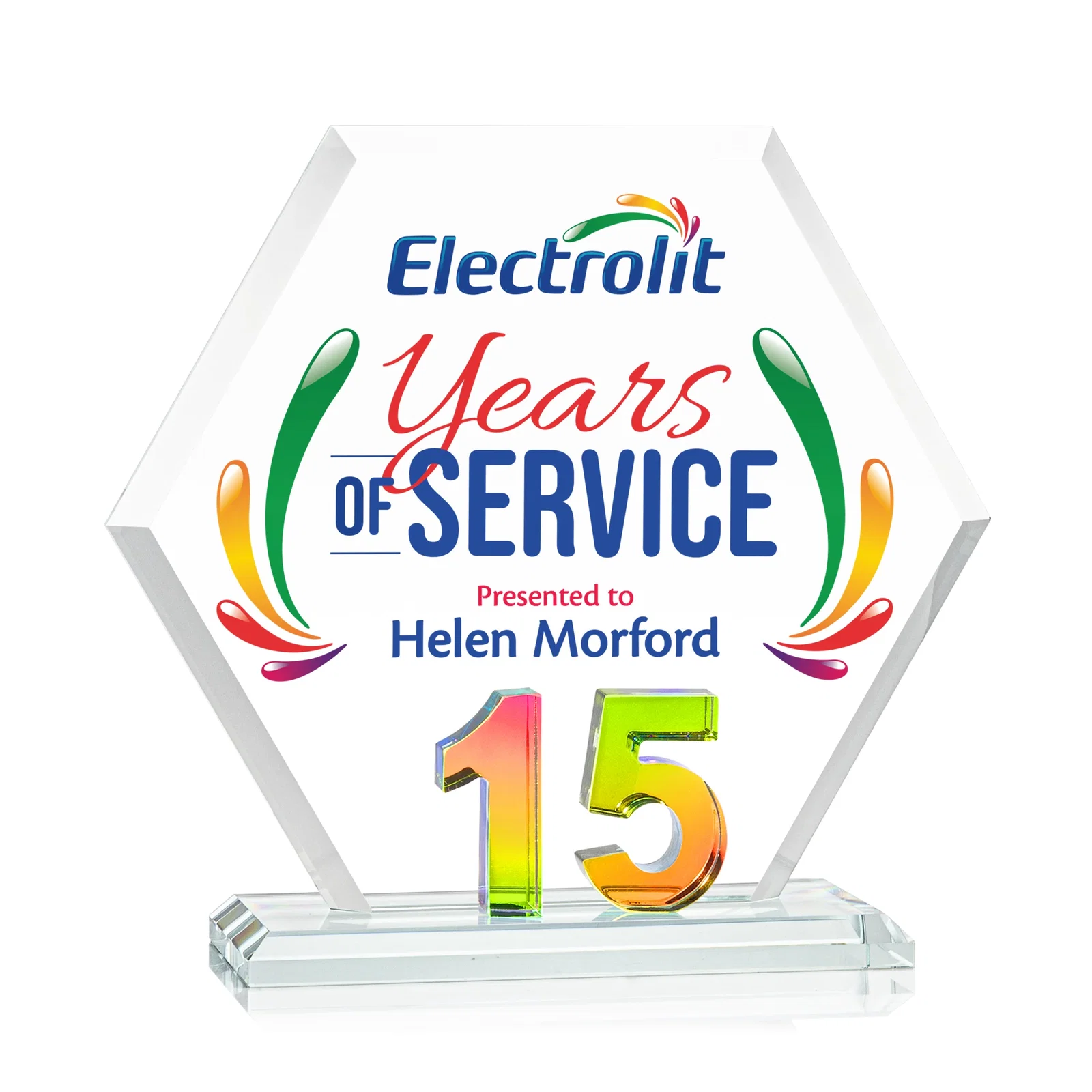Promotional Starfire Crystal Hexagon 15-Year Anniversary Award, awards for employee recognition